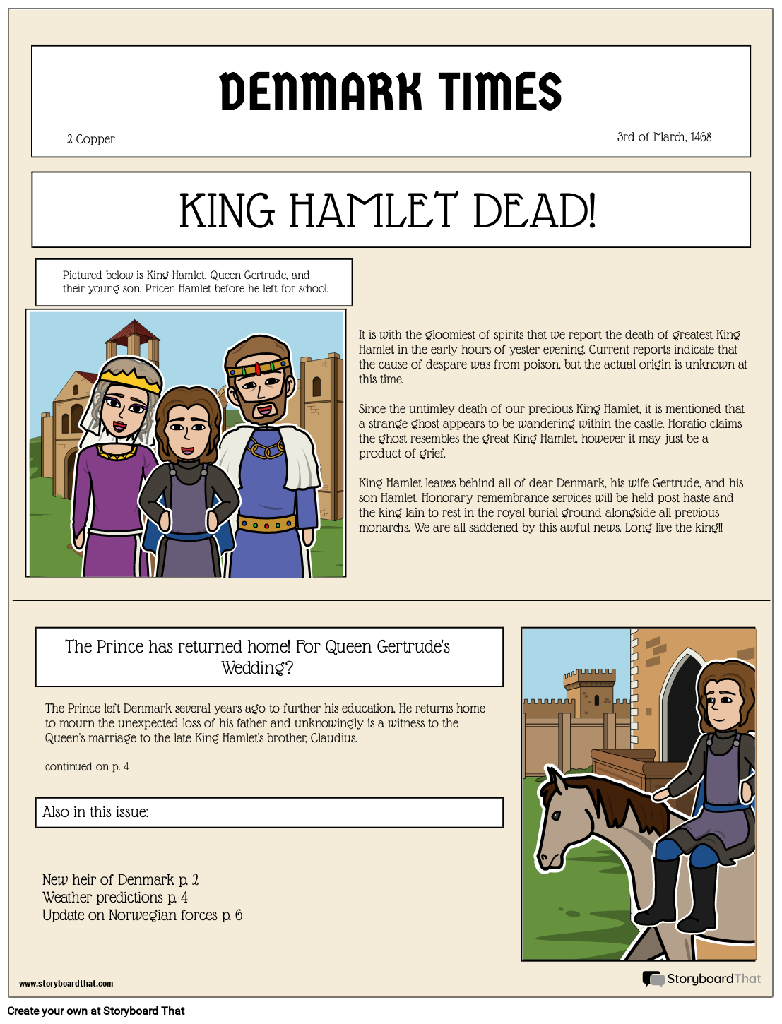 Newspaper Announcement For Hamlet Storyboard Storyboard