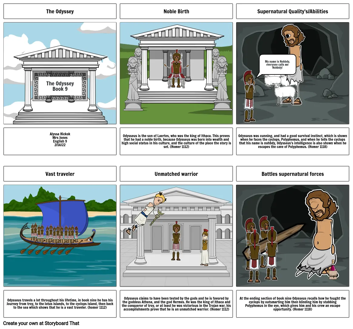 Epic Hero Story boarding activity the Odyssey book 9