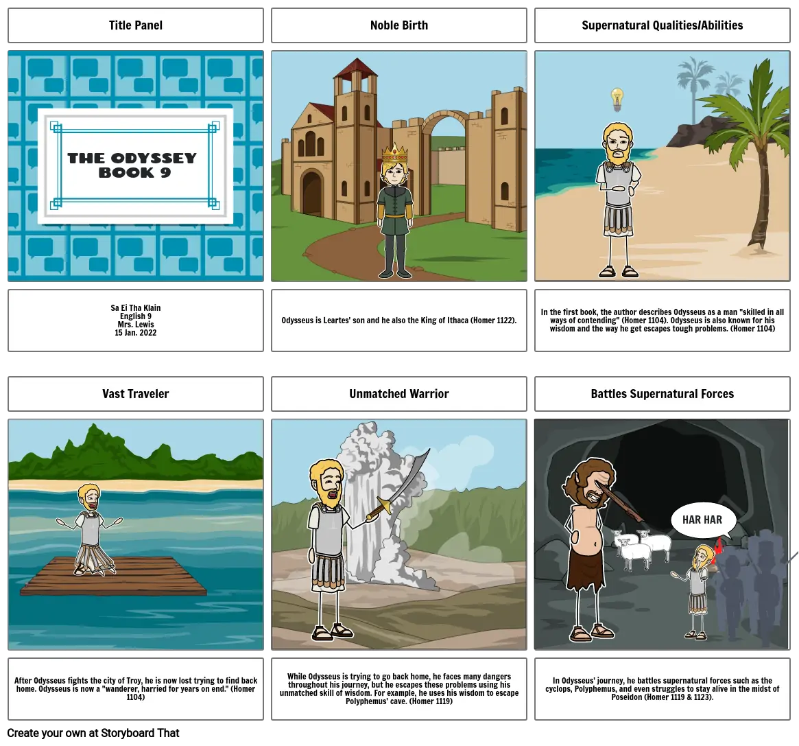 Epic Hero Story boarding Activity - The Odyssey Book 9