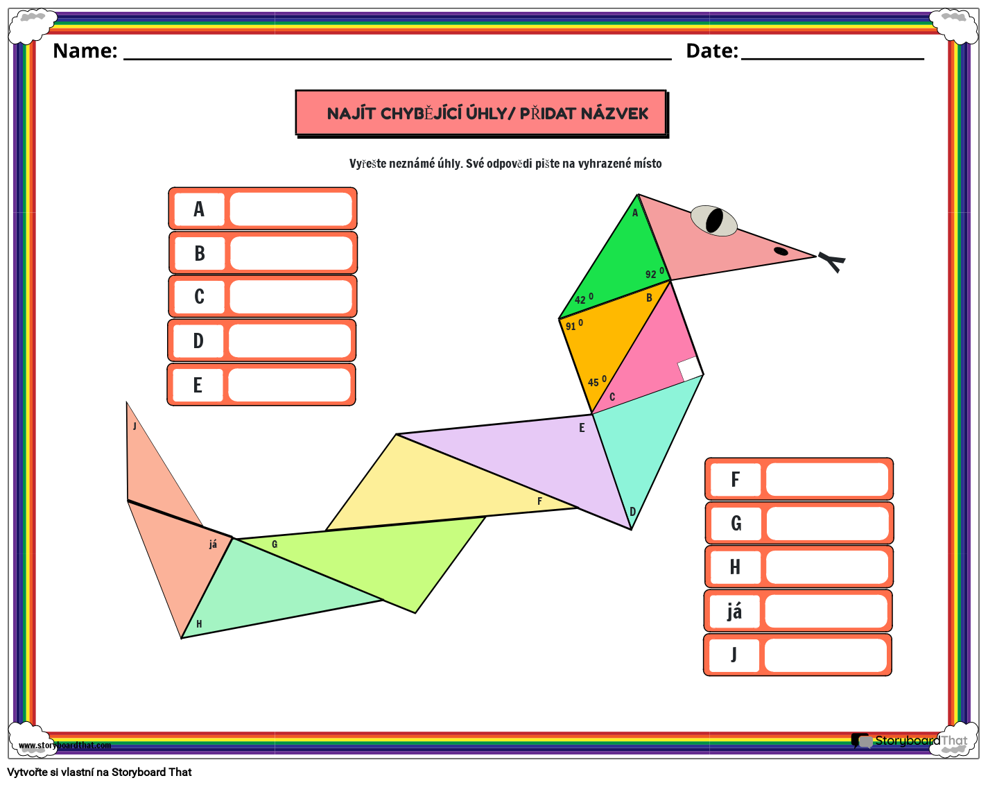 Měření úhlů v pracovním listu trojúhelníku s barevným trojúhelníkovým hadem