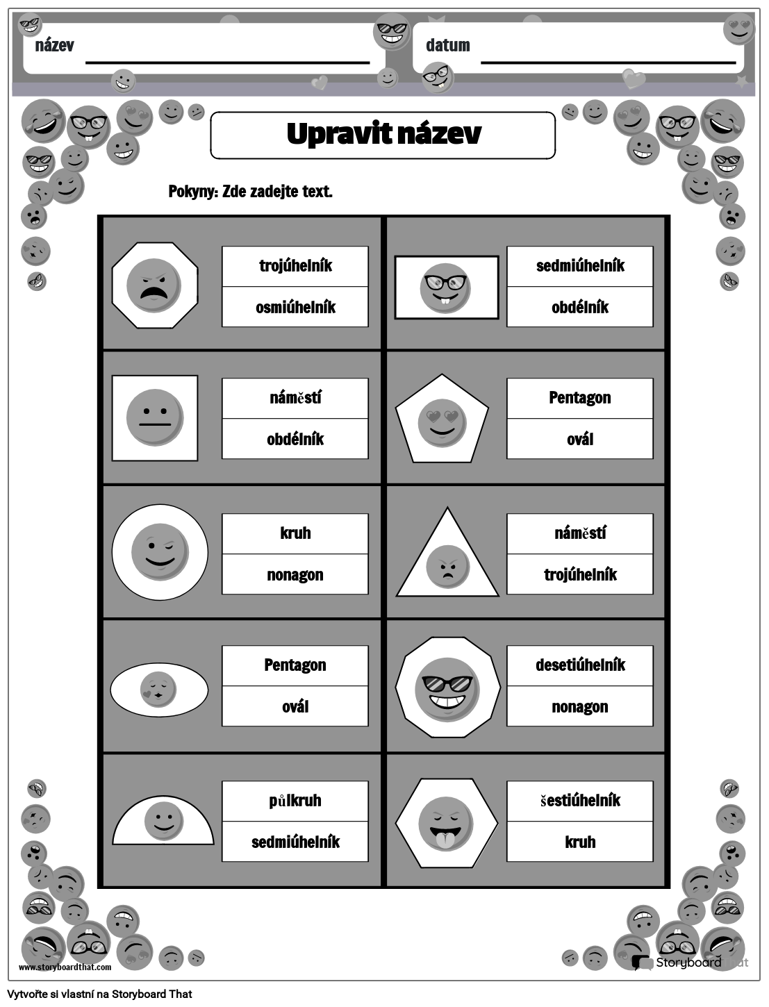 Pracovní List 2D Tvarů s Emotikony Раскадровка по cs-examples