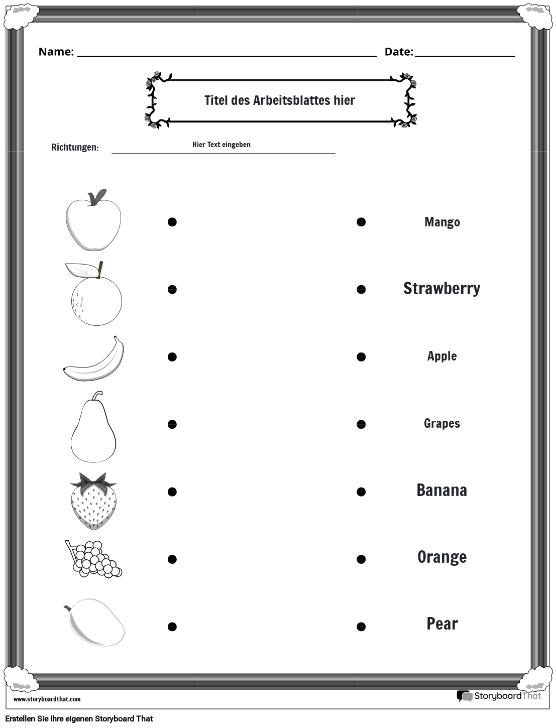 Arbeitsblatt „Früchte mit Namen zusammenpassen“ (Schwarzweiß)
