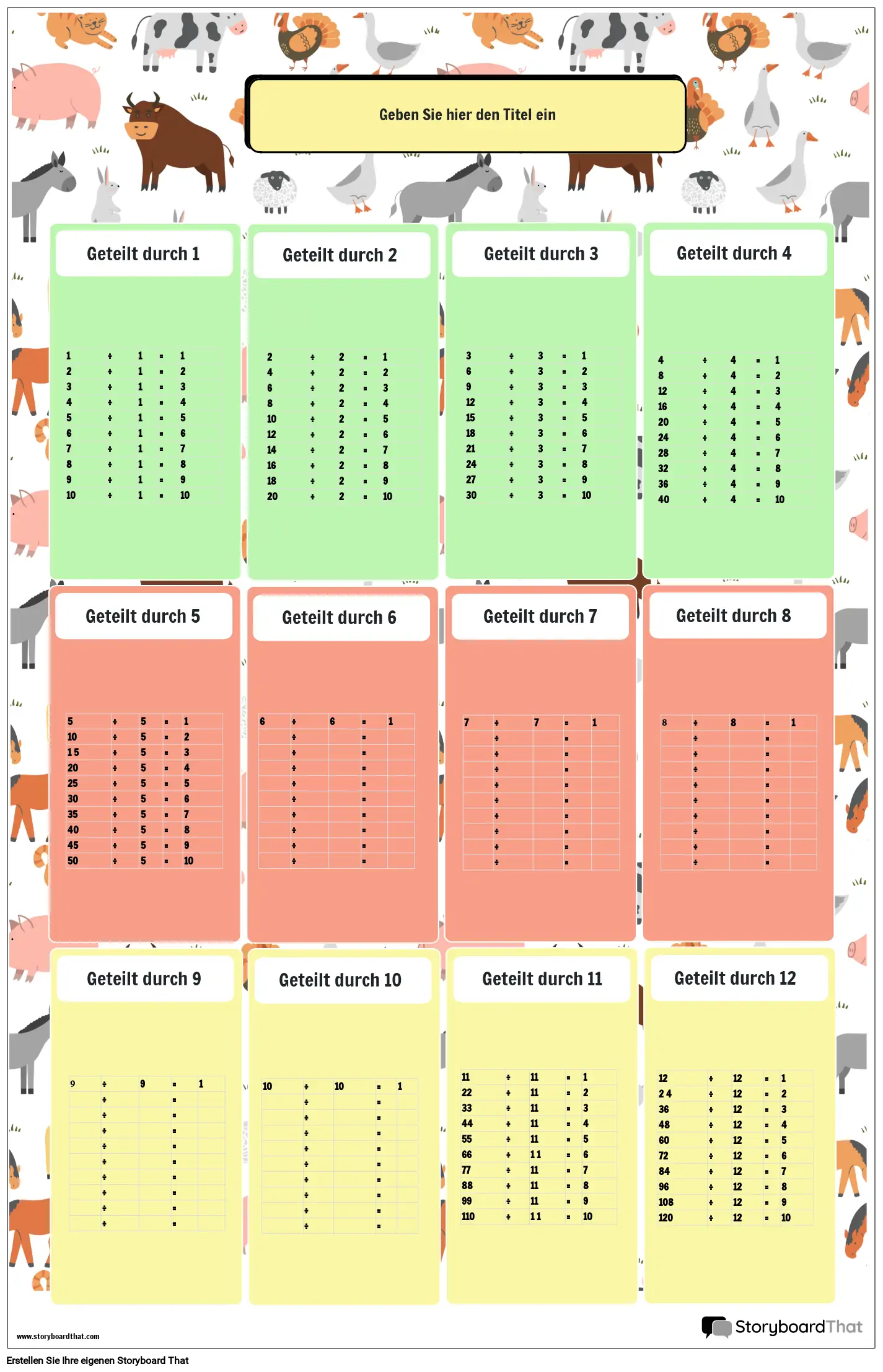 Division-Chart-Poster mit Tiermotiv