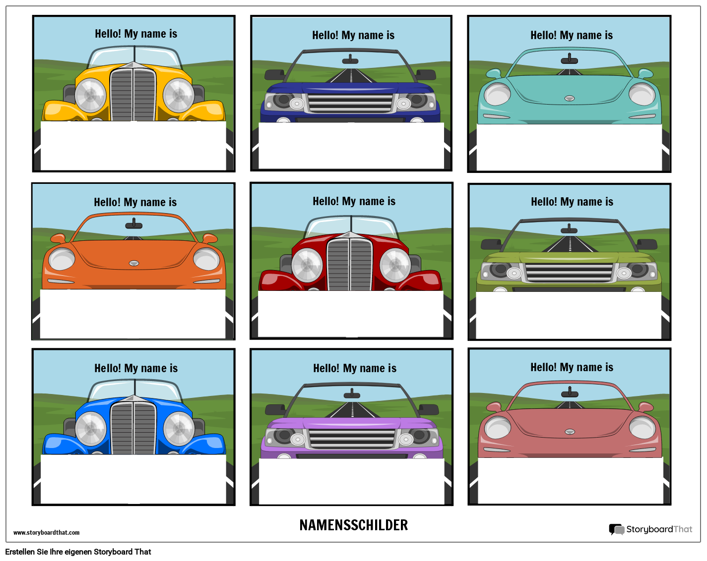 Druckbare Vorlage für Namensschilder für Autos