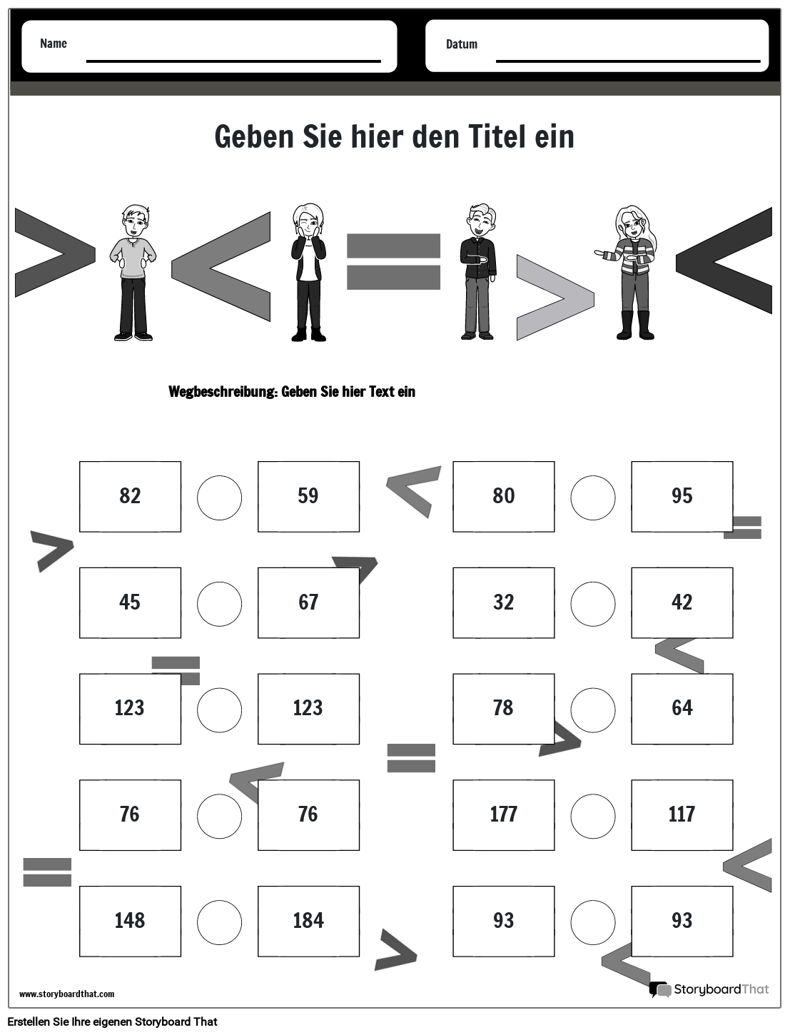 Vergleichen Von Brüchen Arbeitsblatt Druckfertiges Arbeitsblatt zum Vergleichen von Zahlen mit Zeichen in Schwar