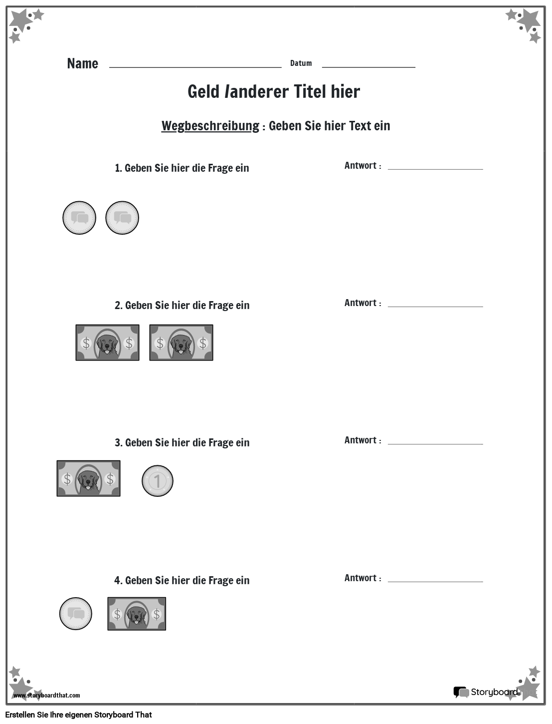 Geldarbeitsblatt Mit Sternumrandung Bw Storyboard