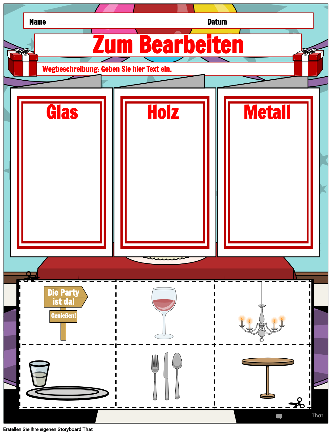 PartyDesignArbeitsblatt „Mineralien und Eigenschaften“.