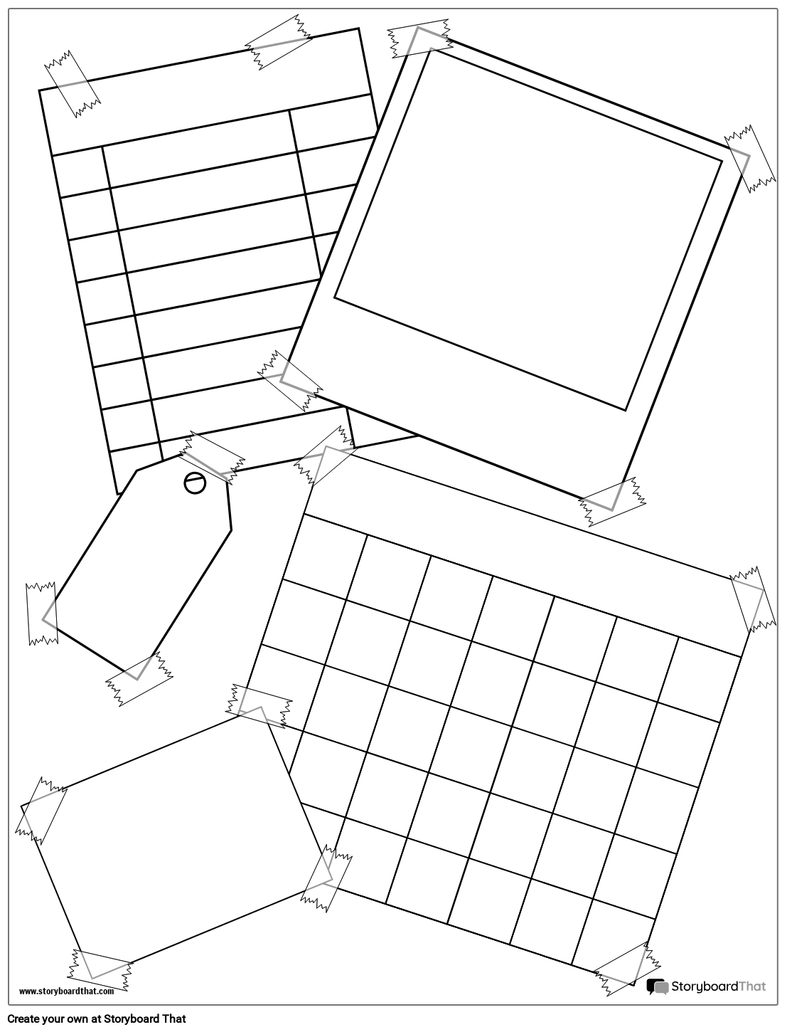 Scrapbook-Seite SW-Hochformat, Bilder, Notizen und Tags
