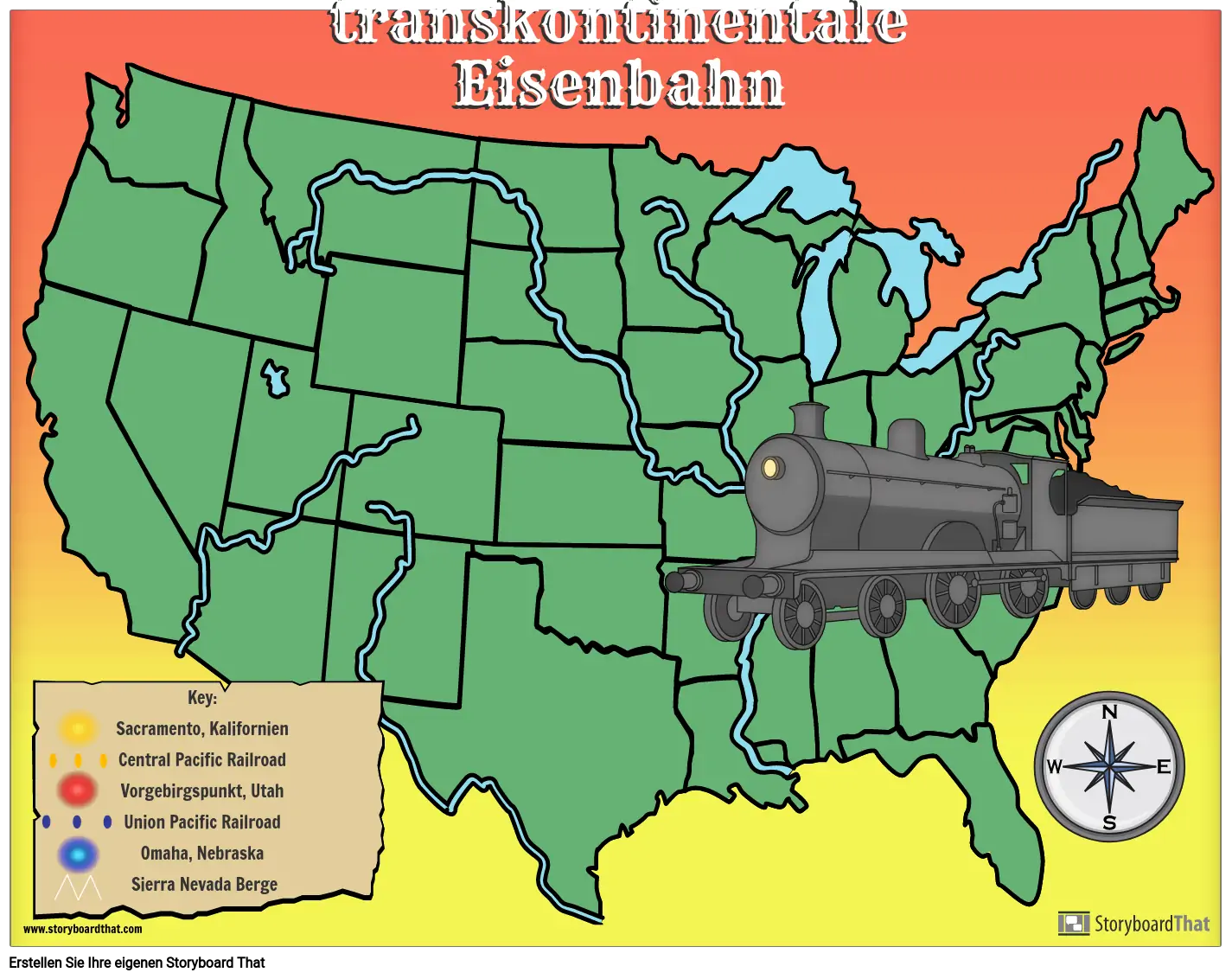 Transcontinental Railroad Kartenvorlage mit Symbolen
