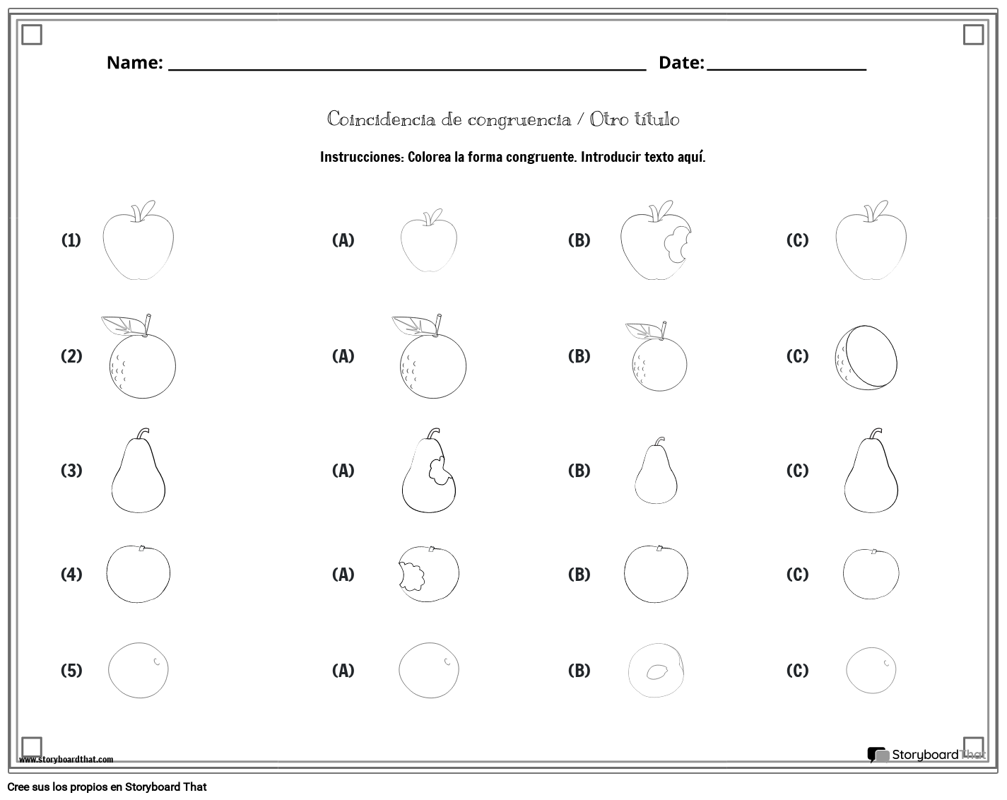 Hoja de Trabajo de Formas Congruentes de Frutas - BW