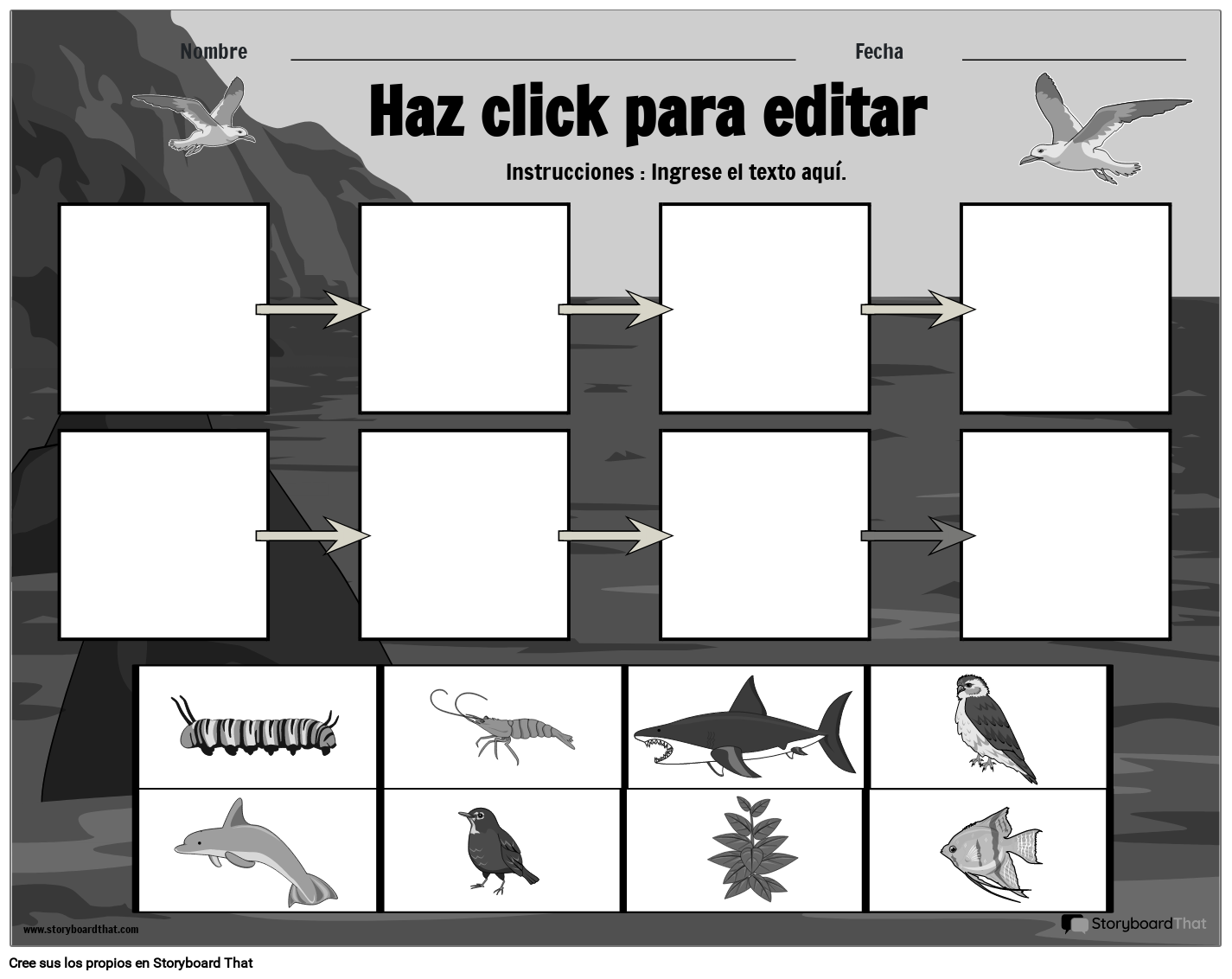 Hoja de Trabajo Sobre la Cadena Alimentaria con Temática Oceánica en Blanco