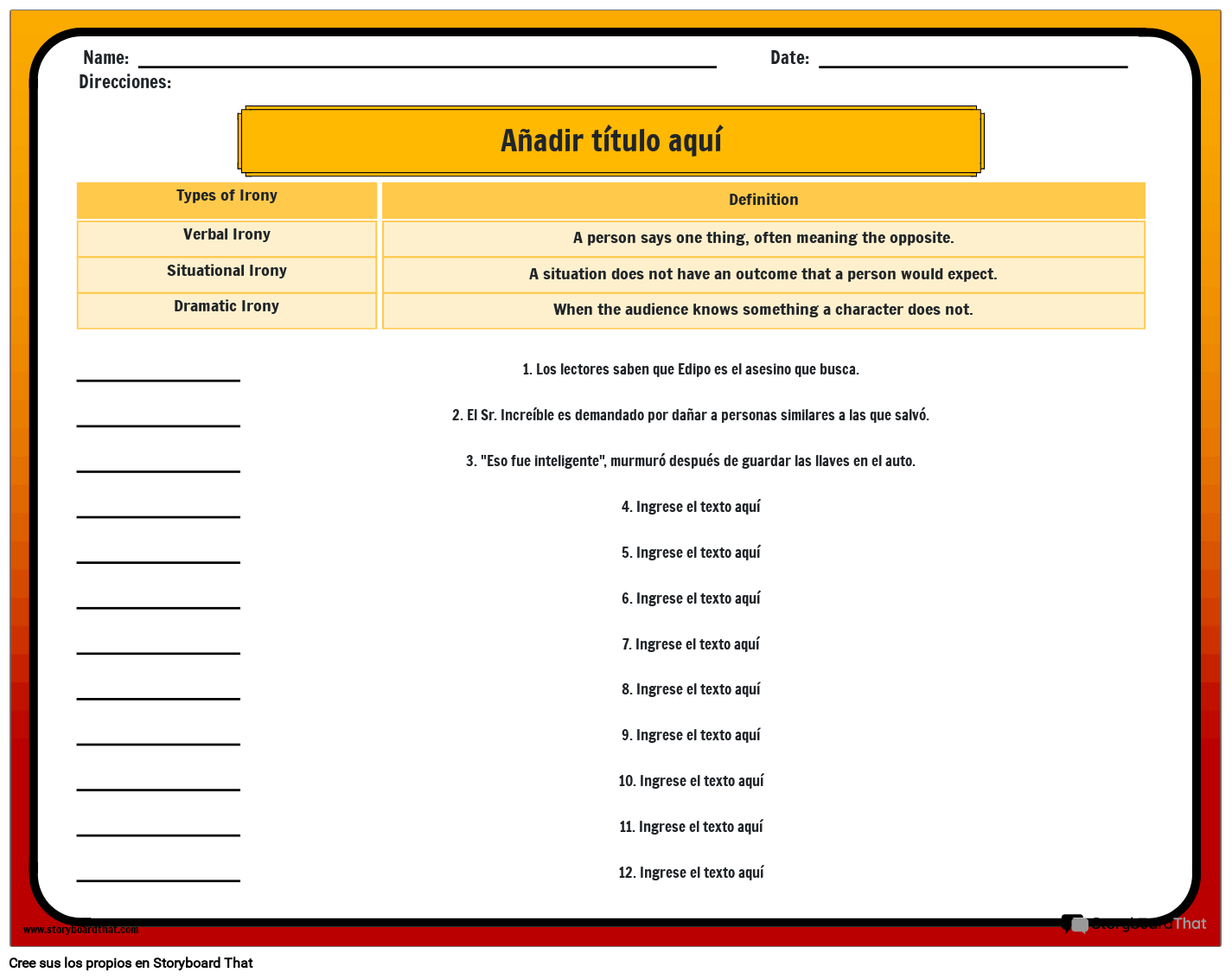 Hoja de Trabajo Sobre Tipos de Ironía Storyboard