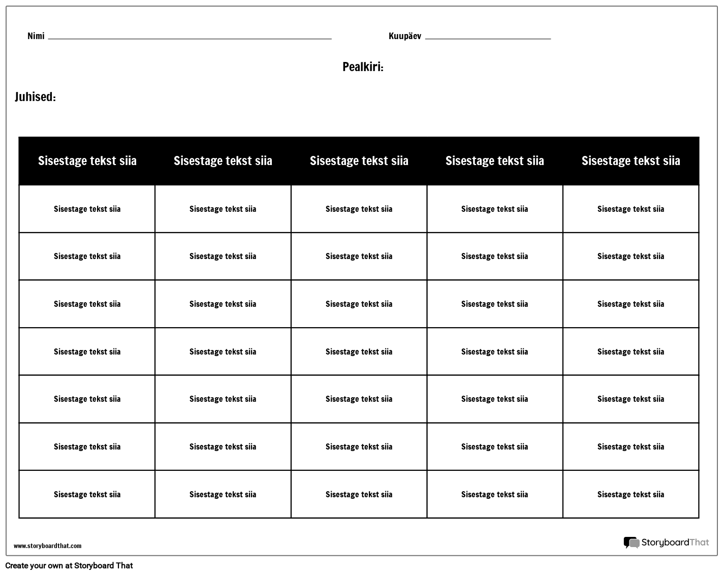 Tabel – 5 Veergu, 7 Rida Storyboard por et-examples