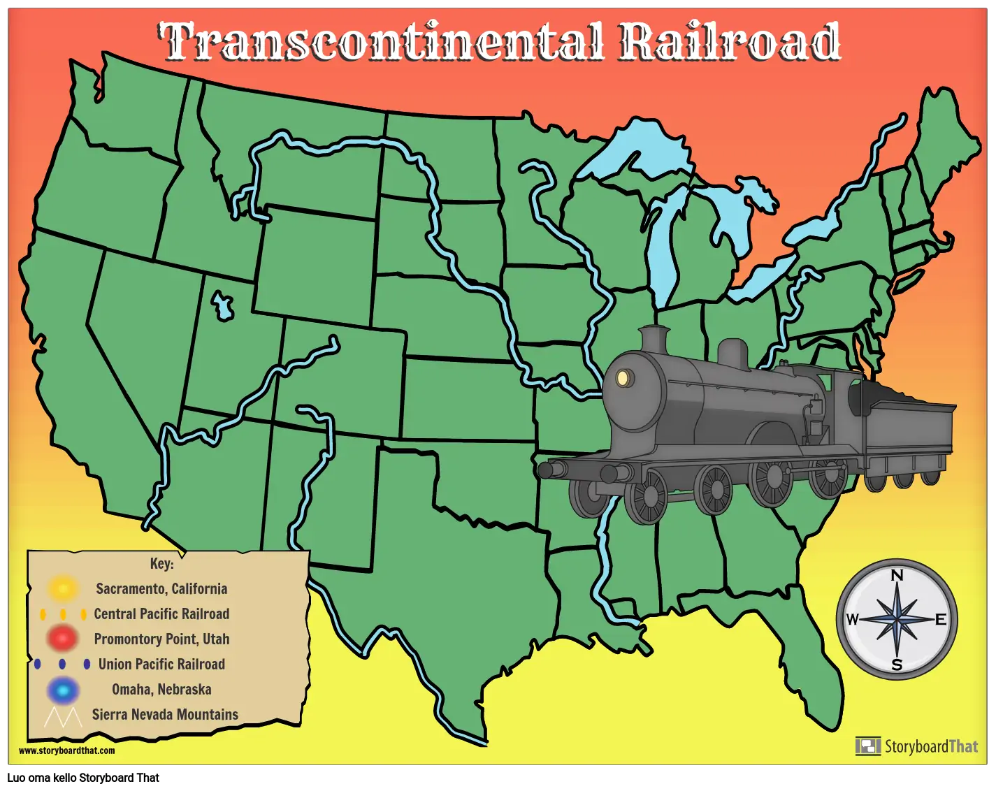 Transcontinental Railroad Map Template with Symbols