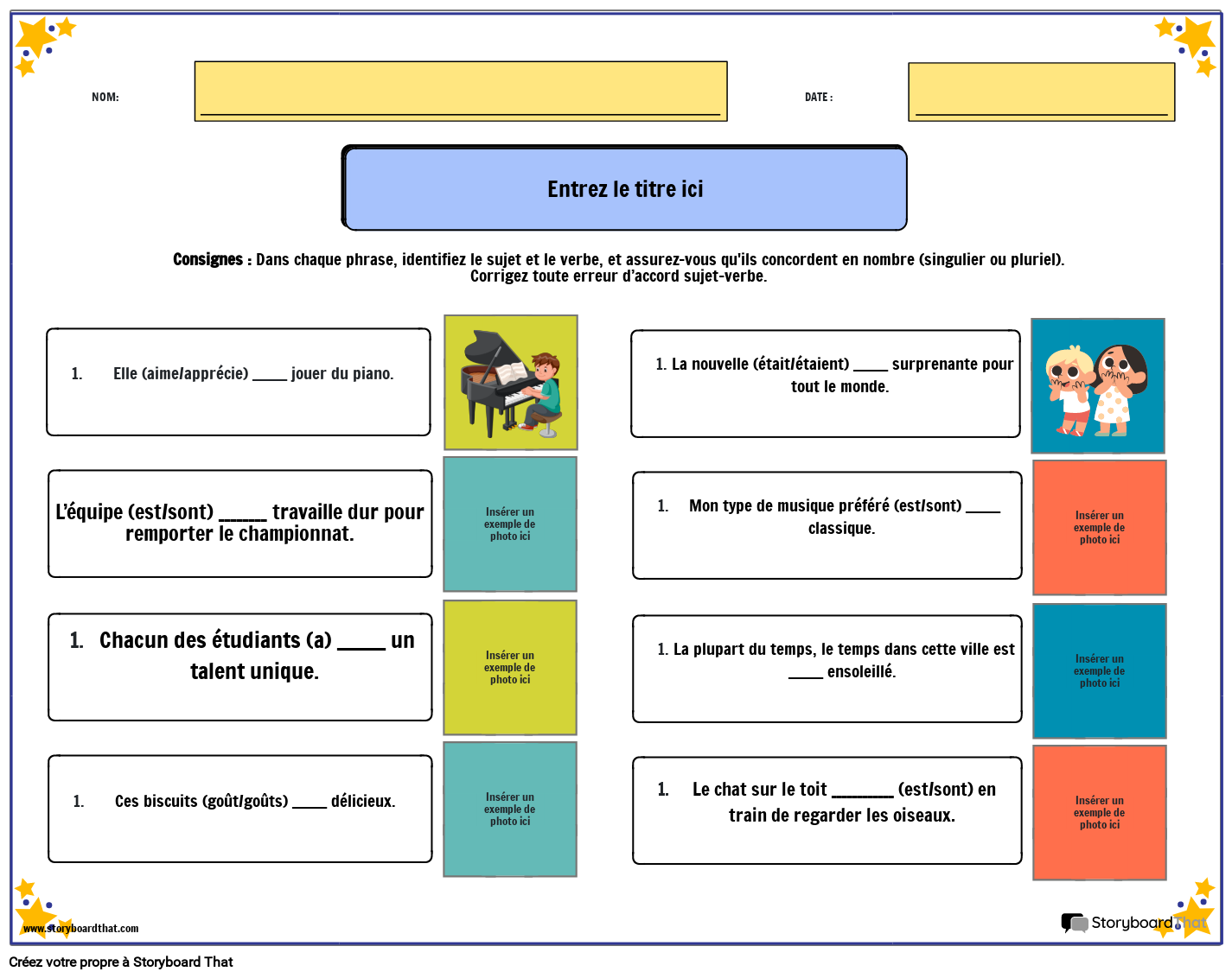 Accord du verbe sujet Feuille de travail de grammaire avec images