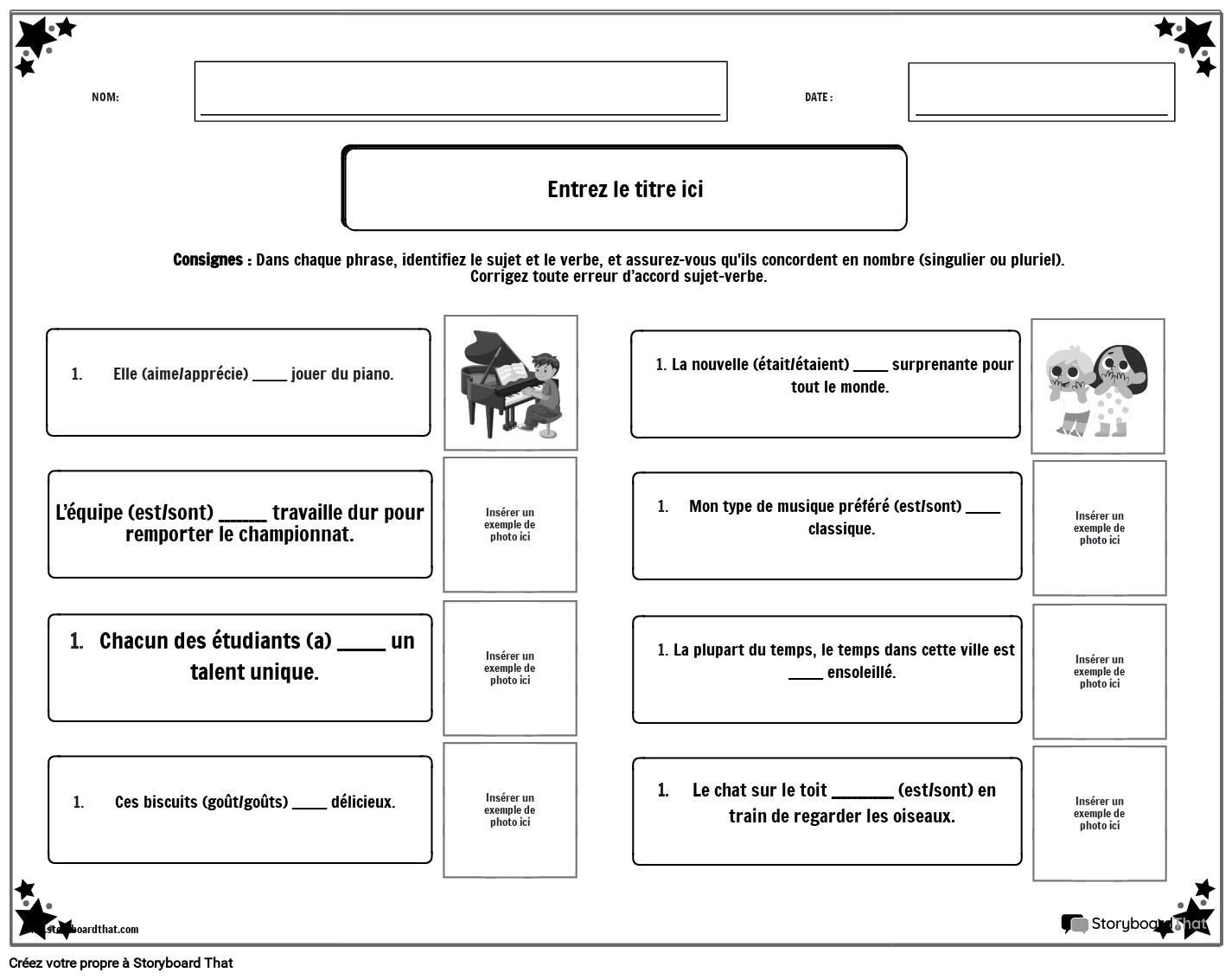 Accord sujet verbe Feuille de travail de grammaire avec images BW