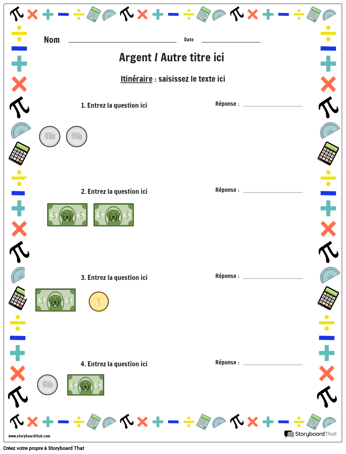 Feuille de calcul d argent avec bordure math matique