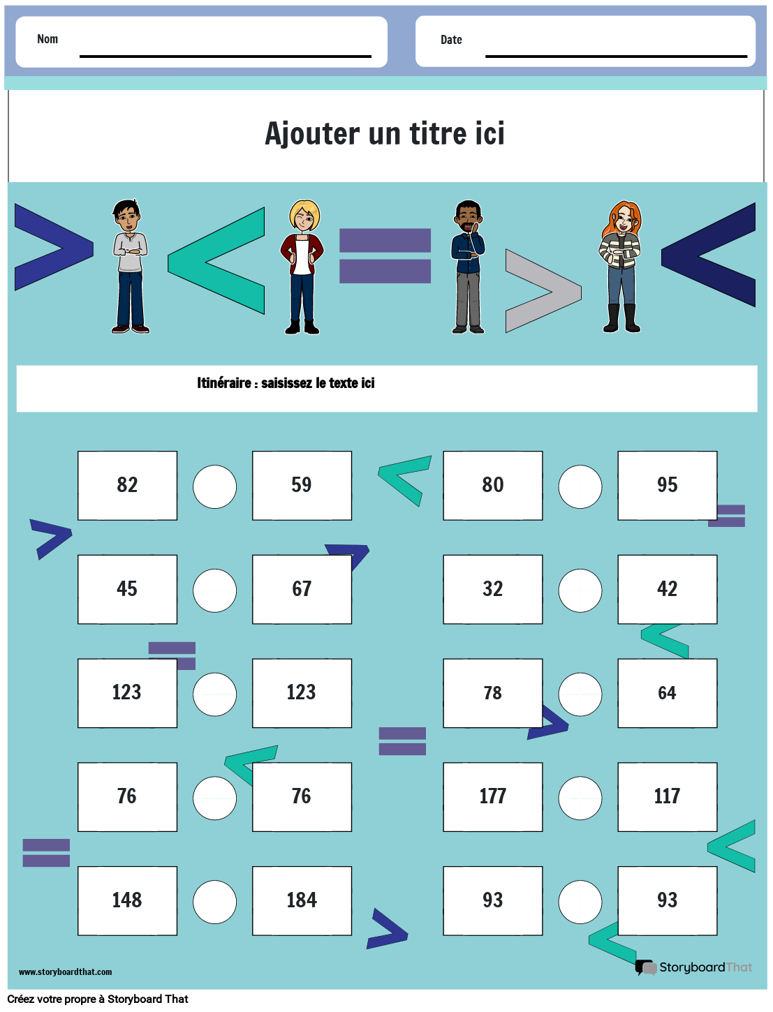 Feuille de calcul de comparaison de nombres prête à imprimer avec des signe