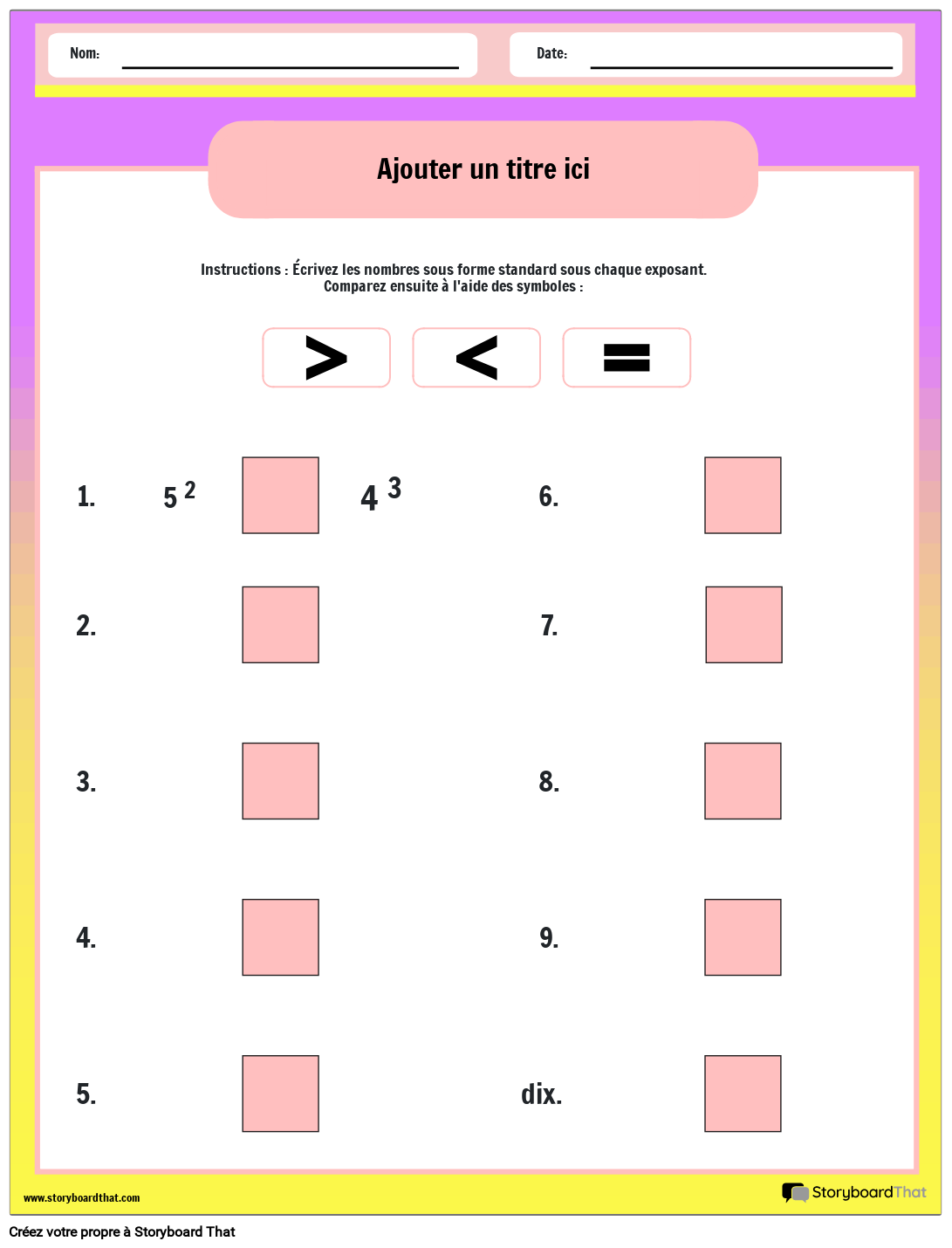 Feuille De Calcul De Comparaison Des Exposants