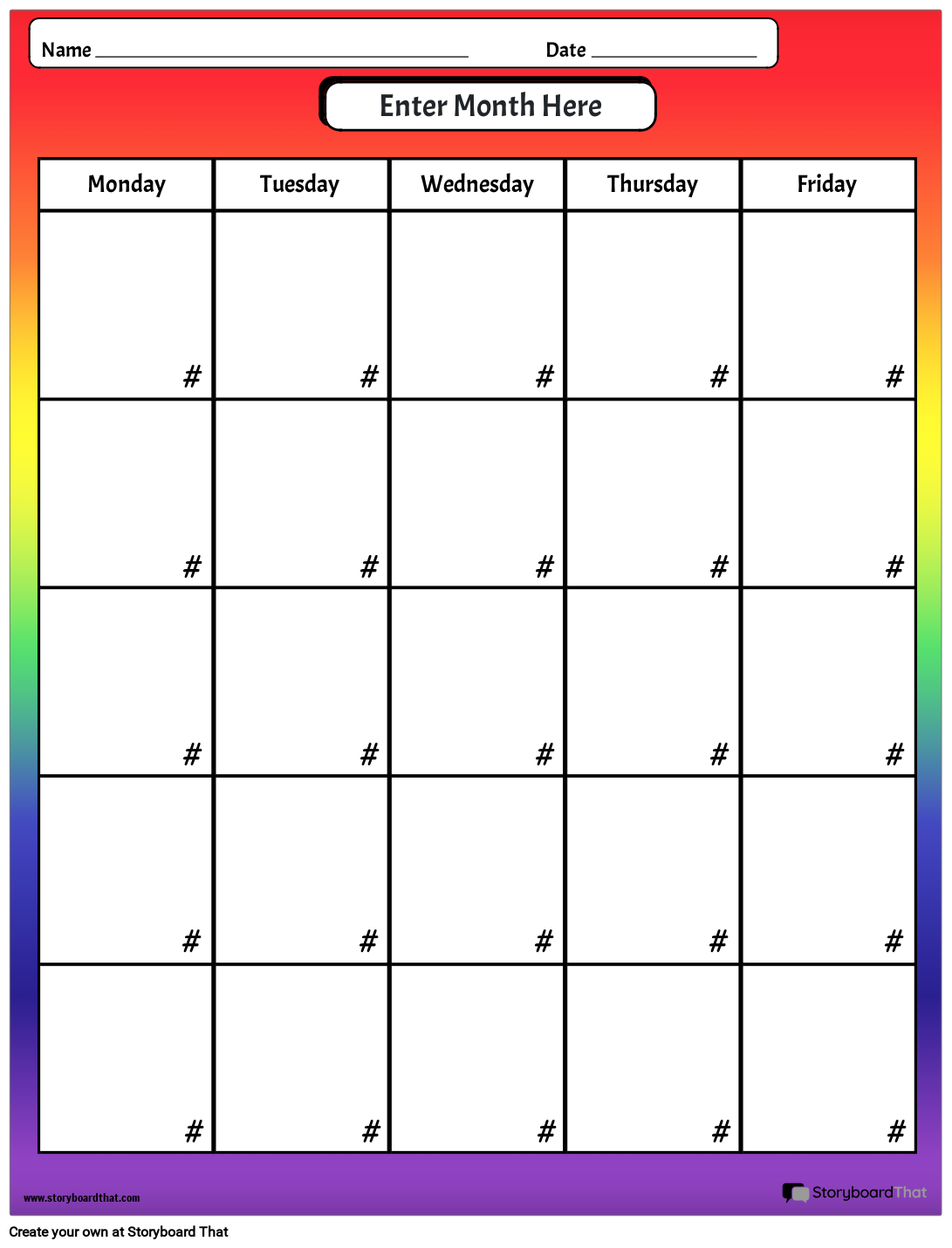 Feuille de Calcul du Calendrier Arc-en-ciel Storyboard