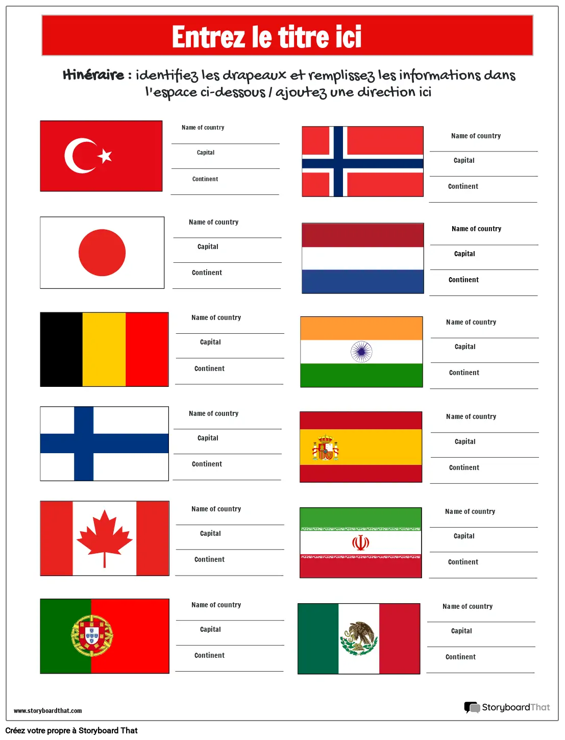 Feuille de travail d&#39;identification du drapeau