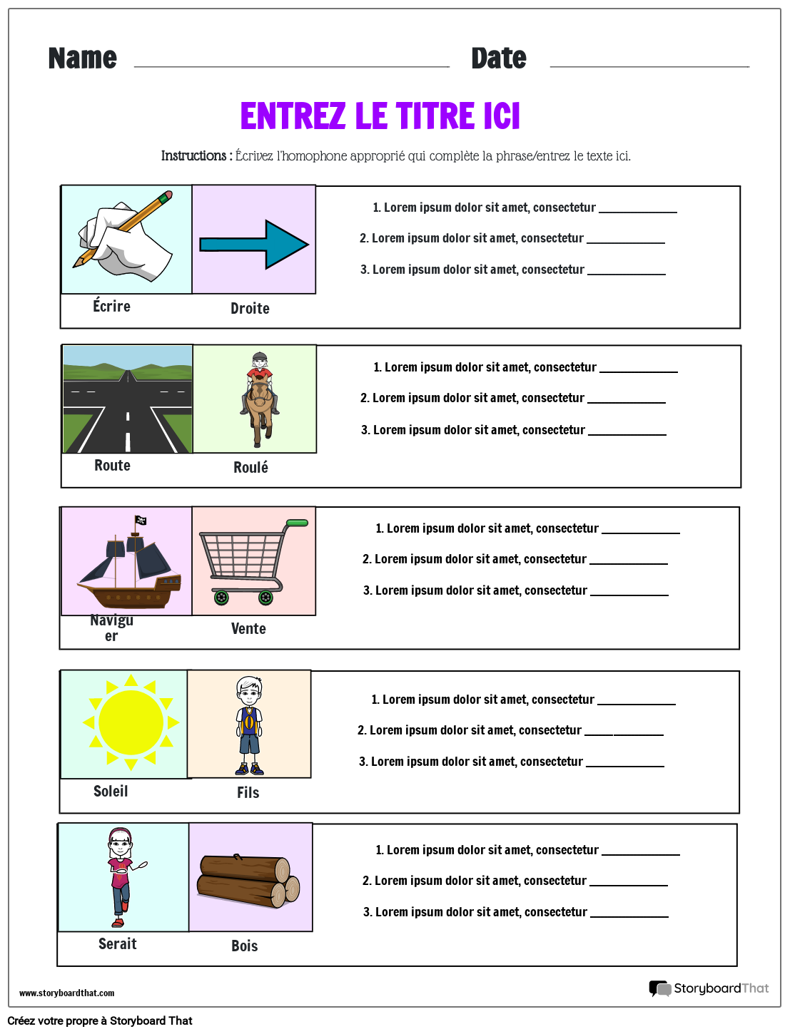 Feuilles de travail sur les homophones Storyboard