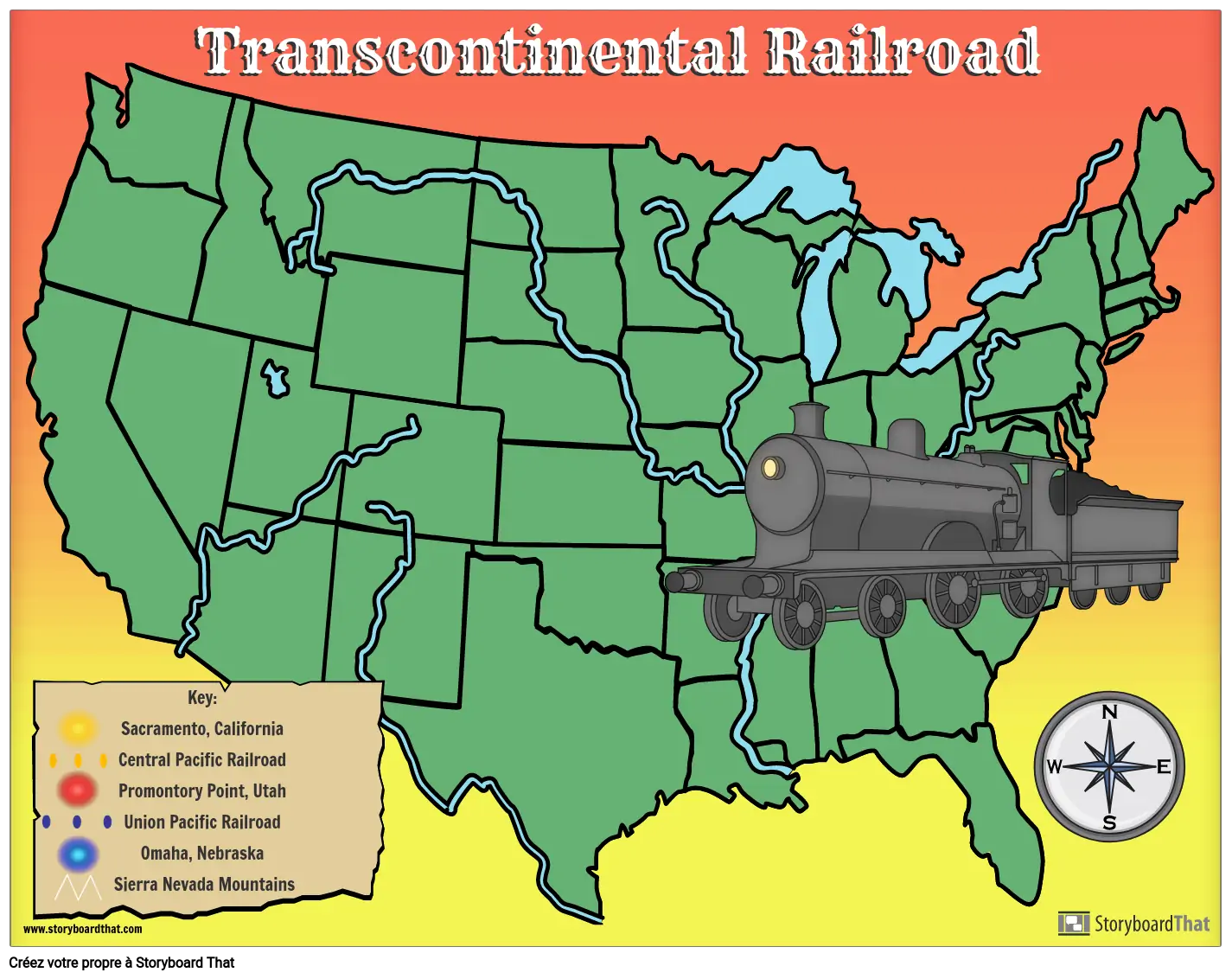 Modèle de carte de chemin de fer Transcontinental avec symboles