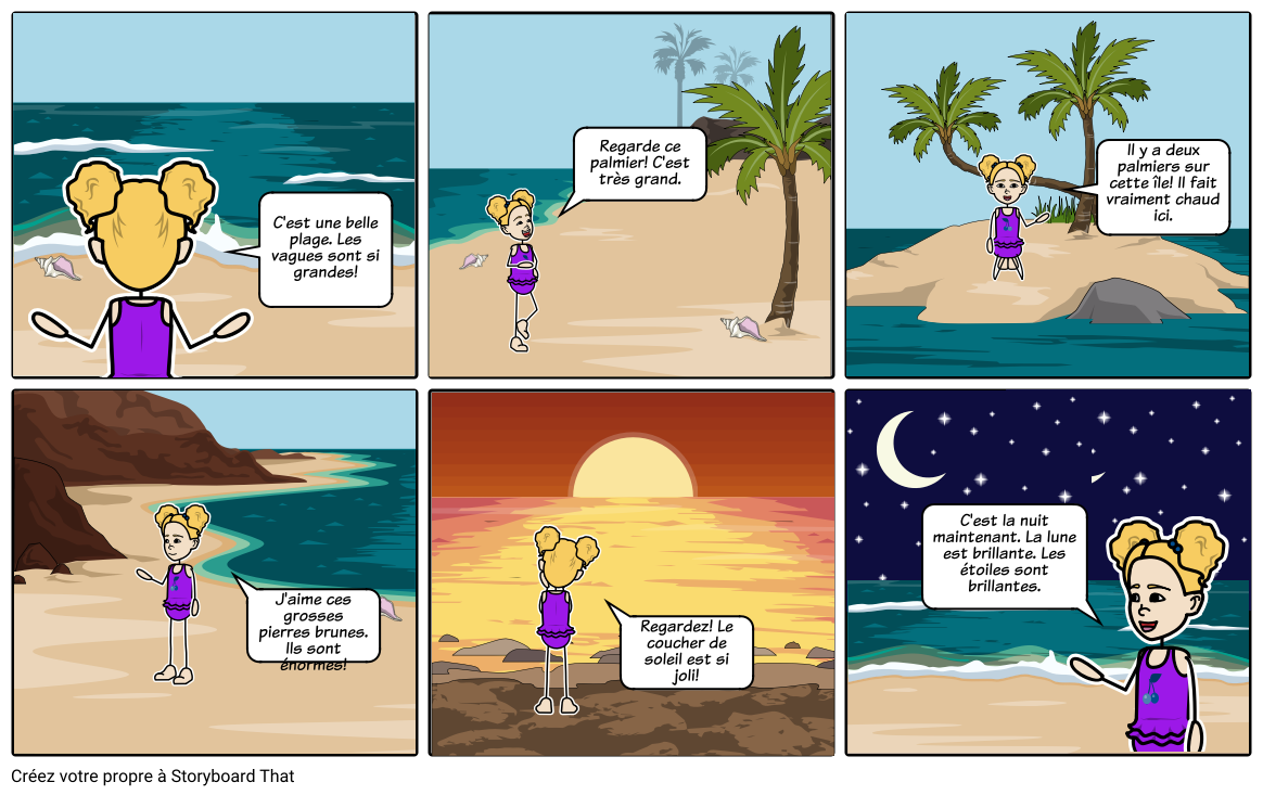 Sur la Plage: Adjectifs et Vocabulaire Storyboard