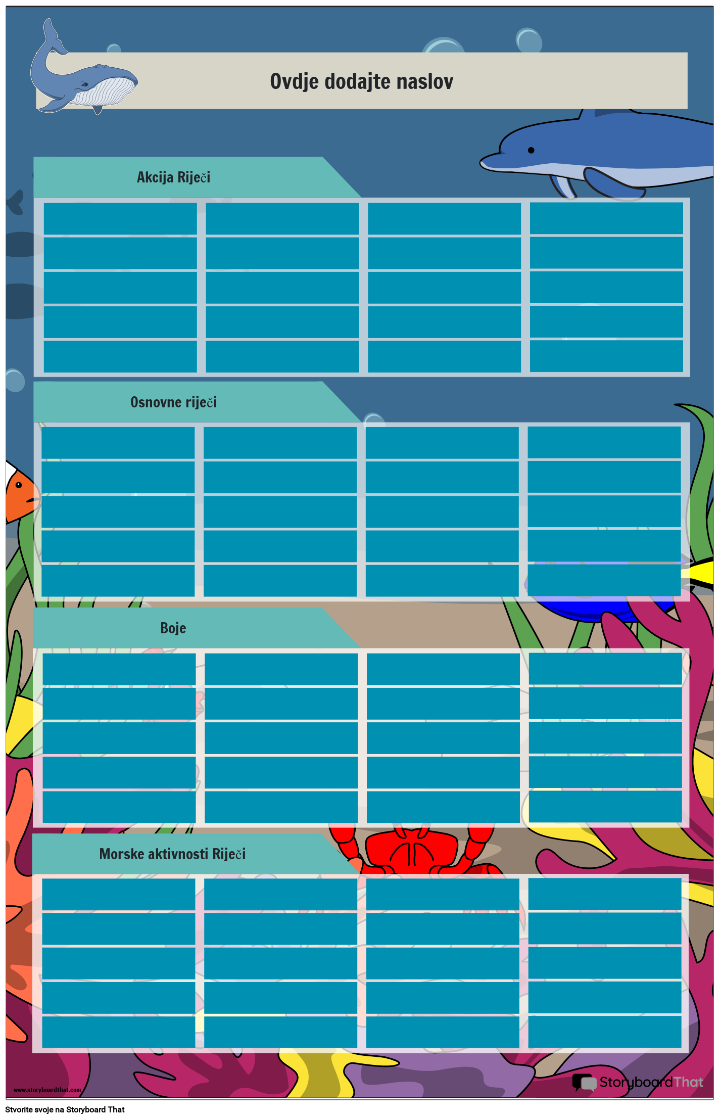Poster Sight Words s Temom Morskih Stvorenja Storyboard