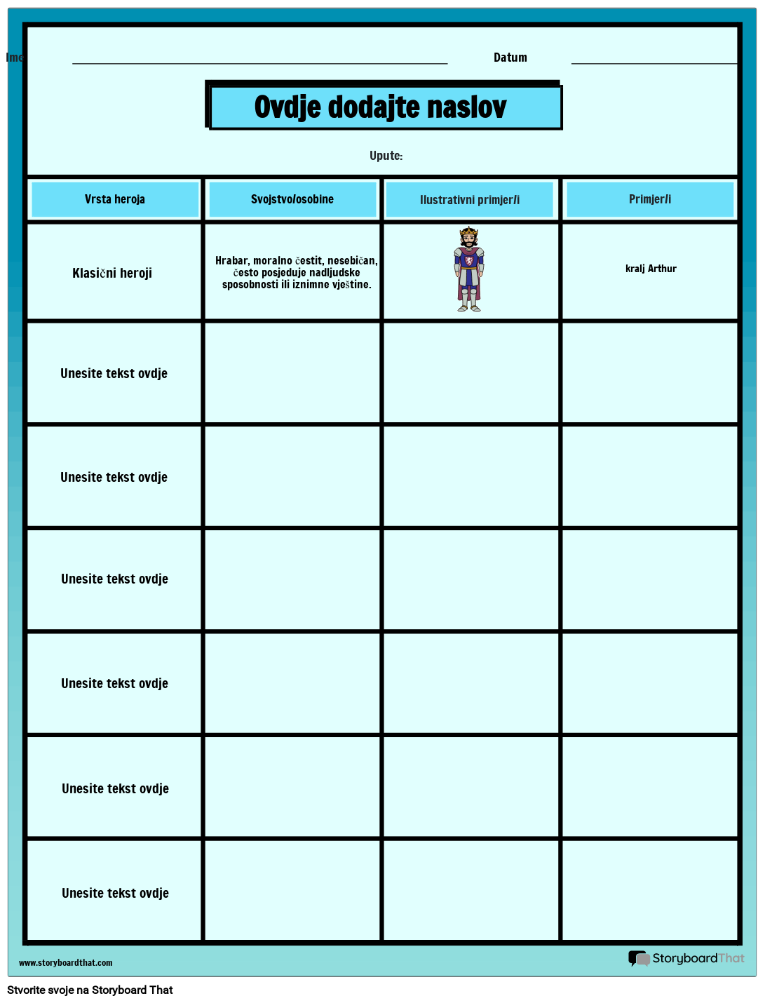 Radni List Osobine Heroja Storyboard By Hr examples