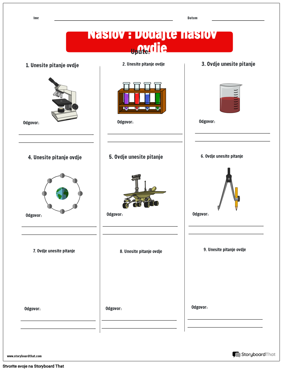 Testovi i kvizovi radni list za opis Storyboard