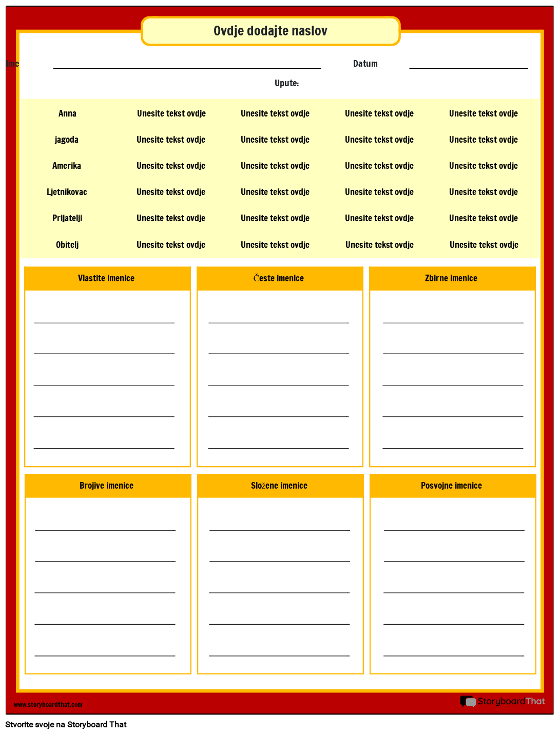 Vrste imenica radni list Storyboard by hr-examples