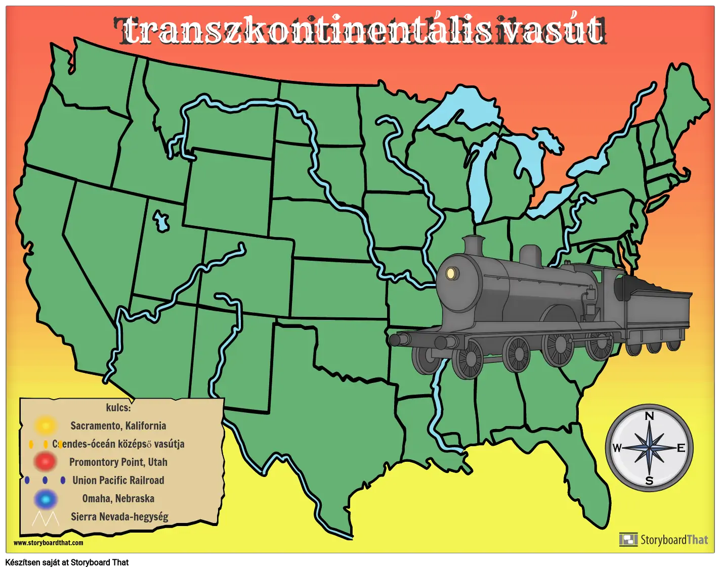 Transzkontinentális vasúti térkép sablon szimbólumokkal