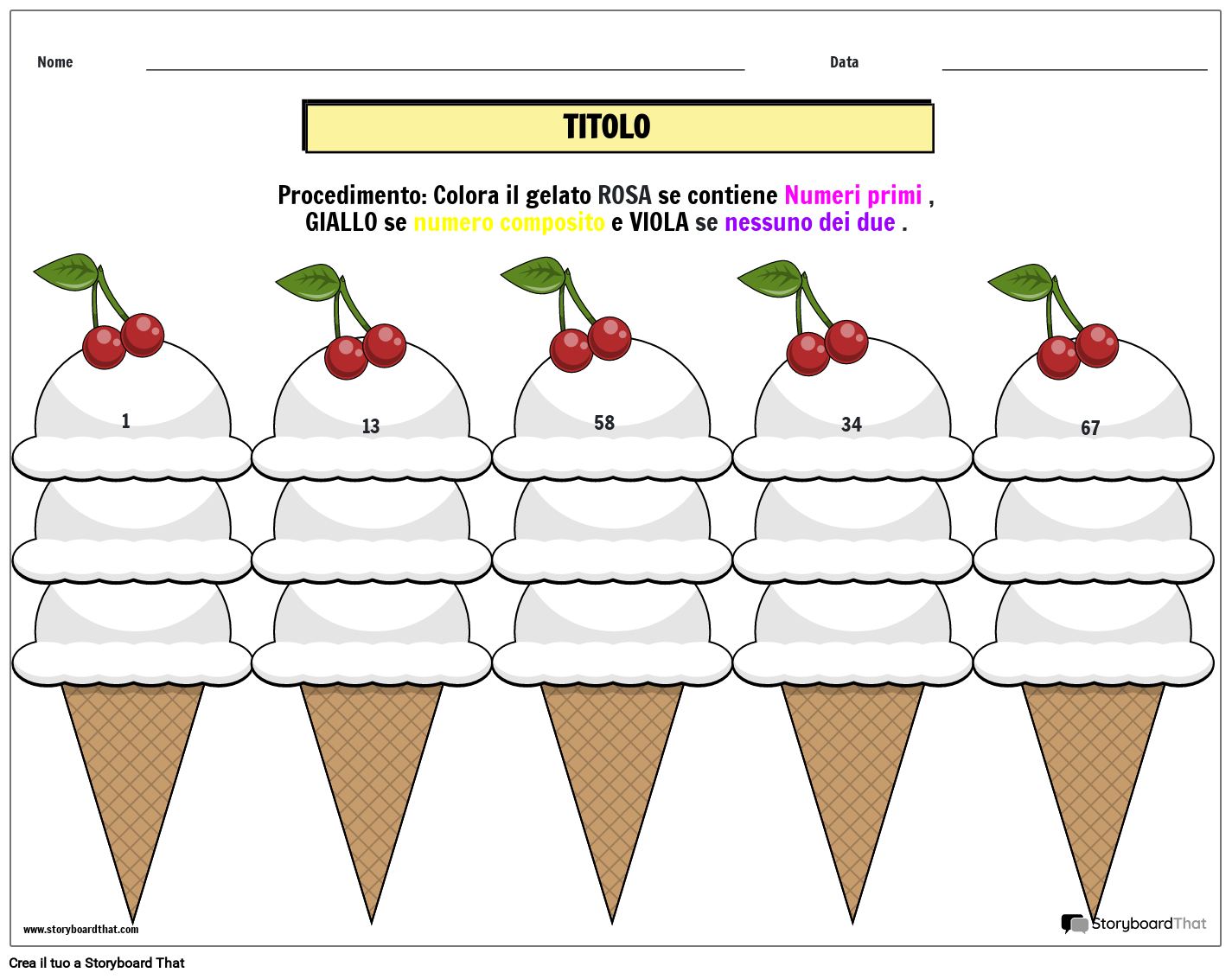 Foglio di Lavoro con Numeri Primi e Compositi a Tema Gelato