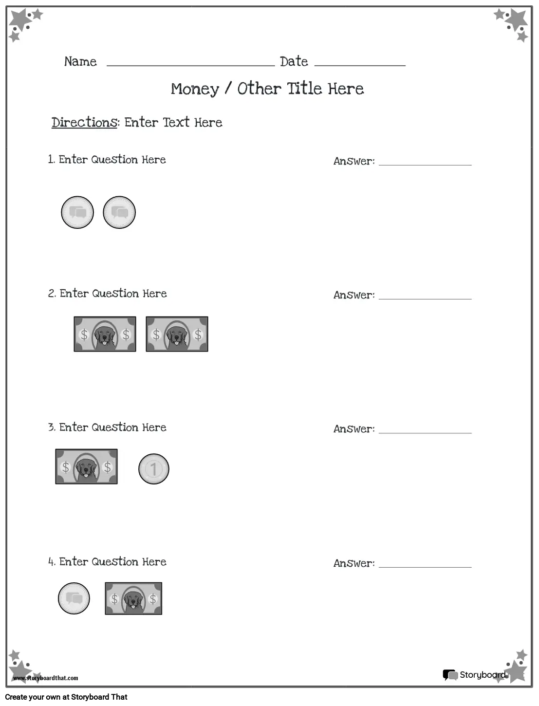 Money worksheet with star border BW