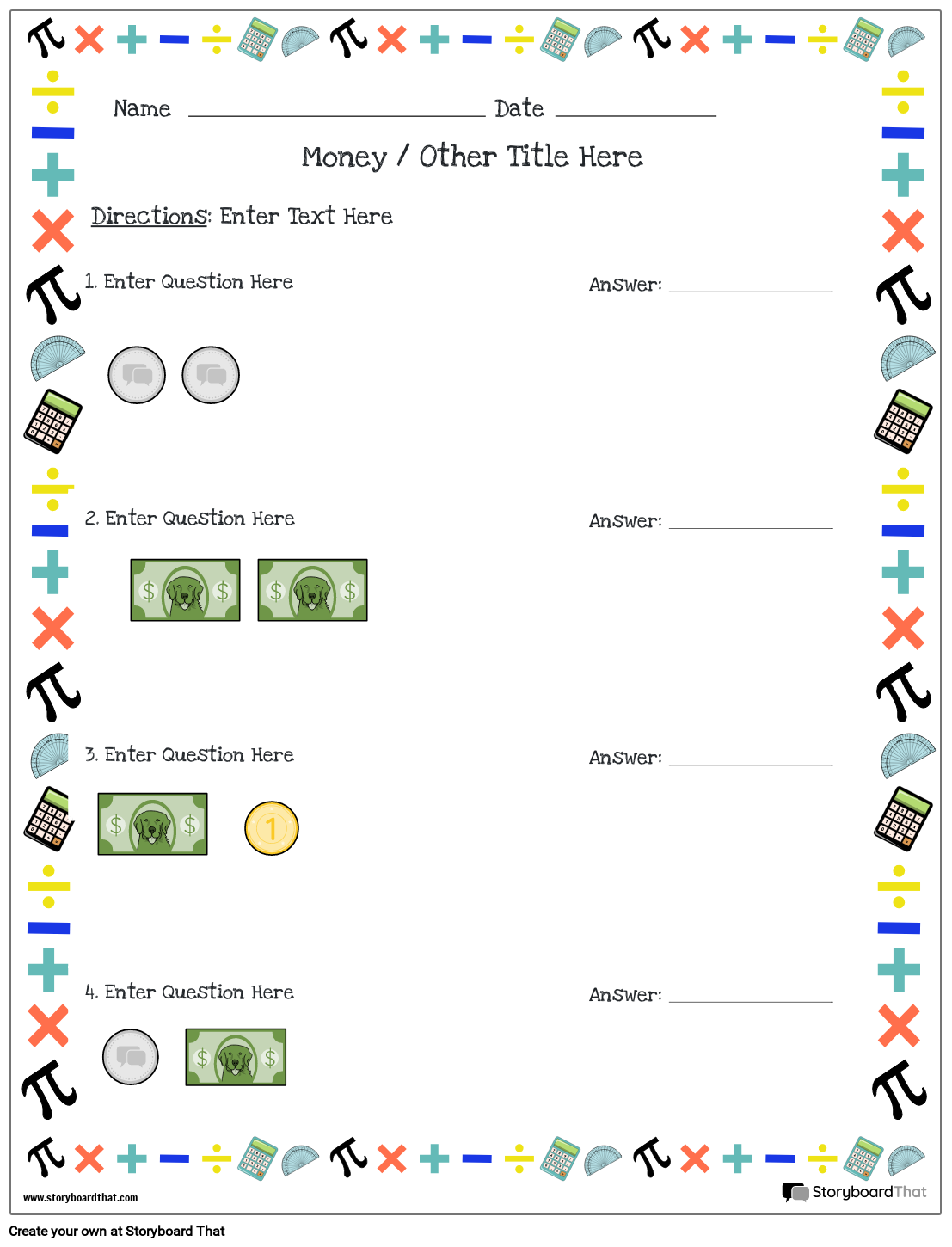 Money worksheet with math border Storyboard by lauren