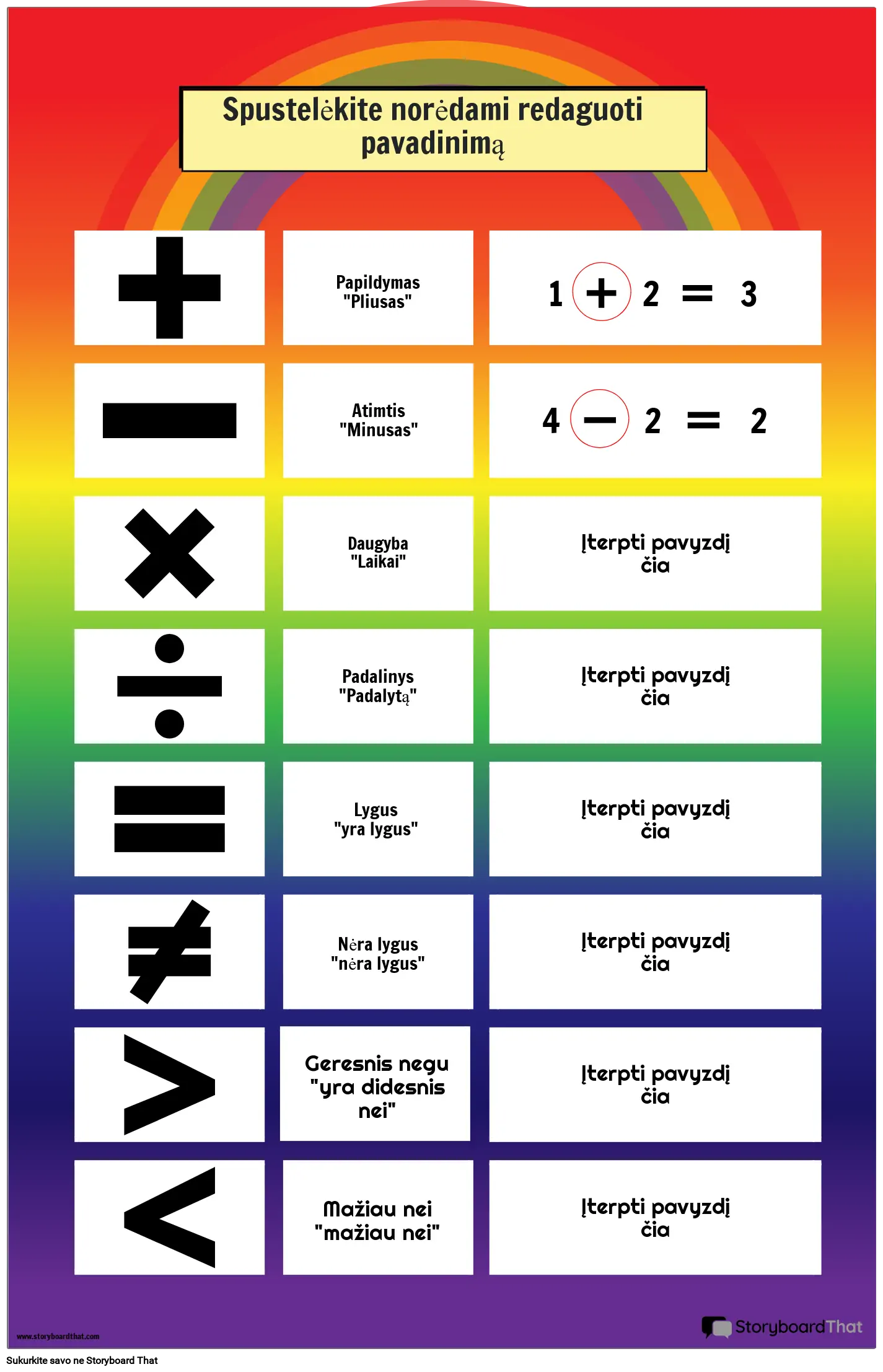 Vaivorykštės tematikos matematikos simboliai su plakato pavyzdžiu