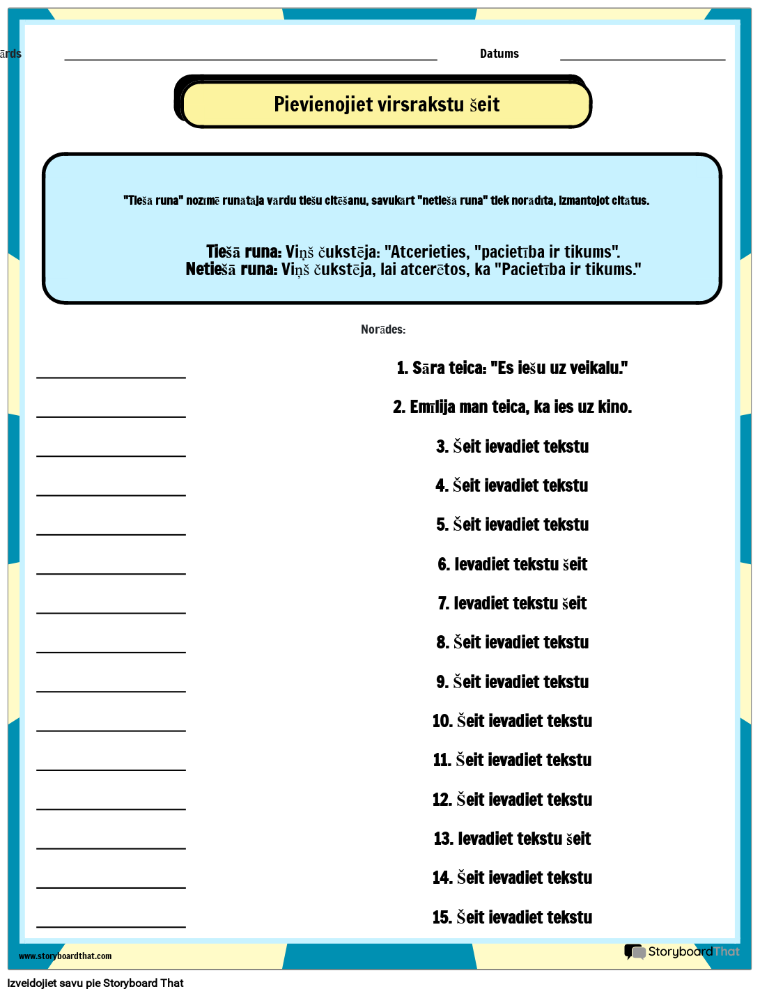 Tiešās Runas un Pēdiņu Darblapa القصة المصورة من قبل lv-examples