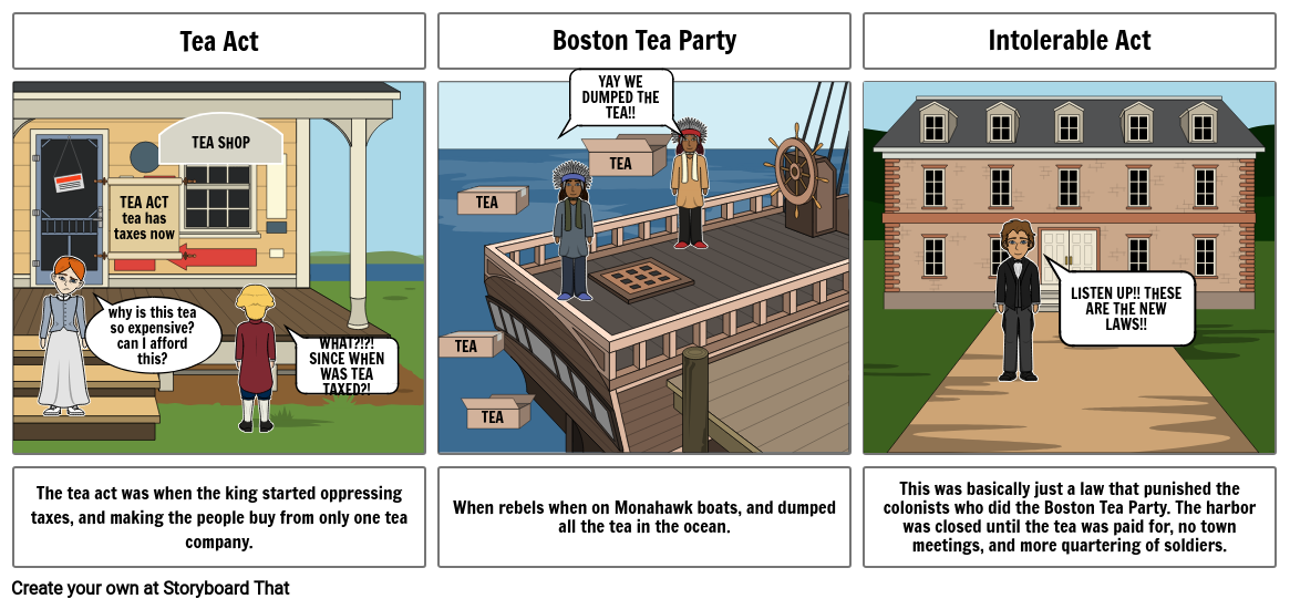 Tea Act, Intolerable Act, & Boston Tea Party Storyboard