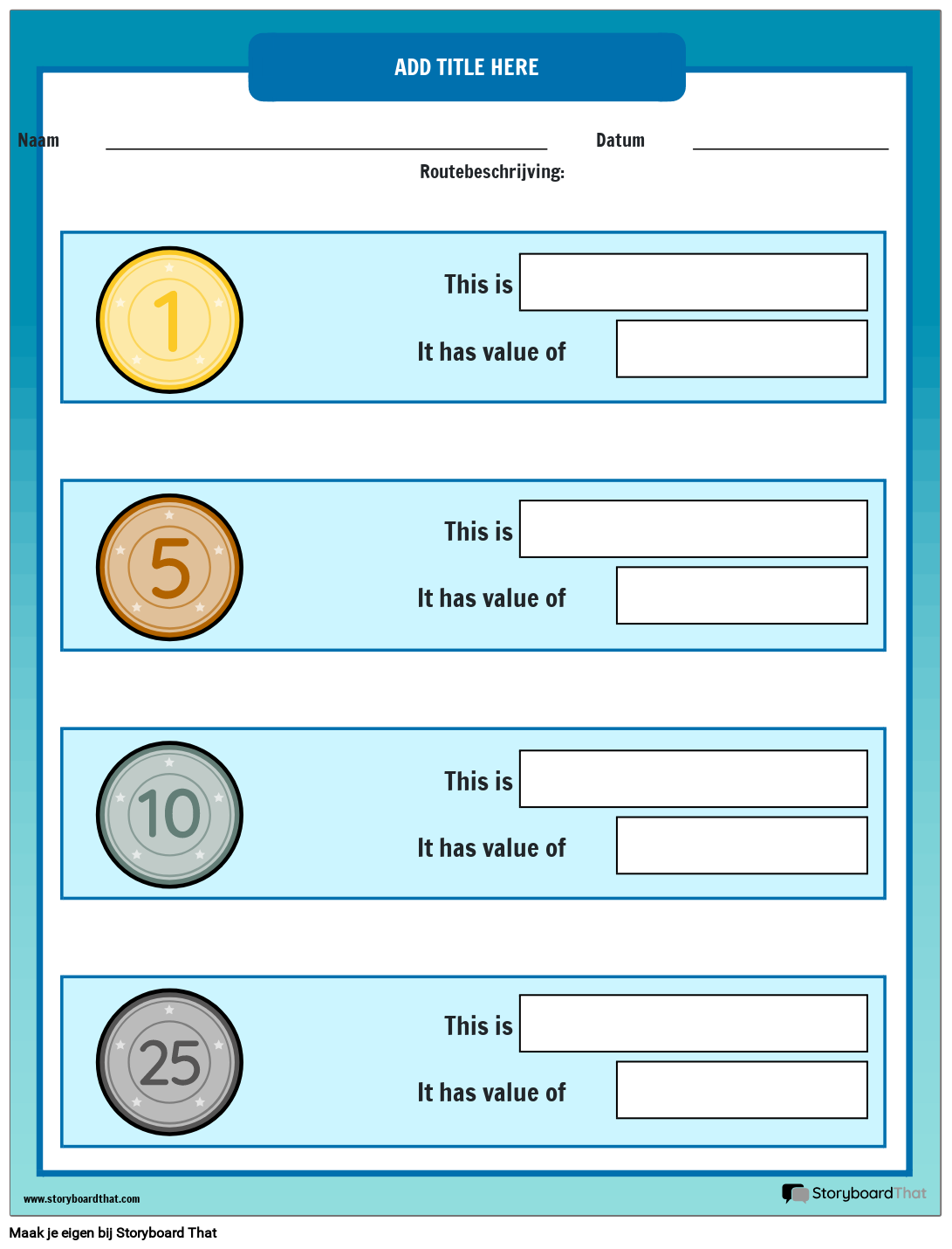 Munten Identificeren vul de Lege Plekken in Storyboard