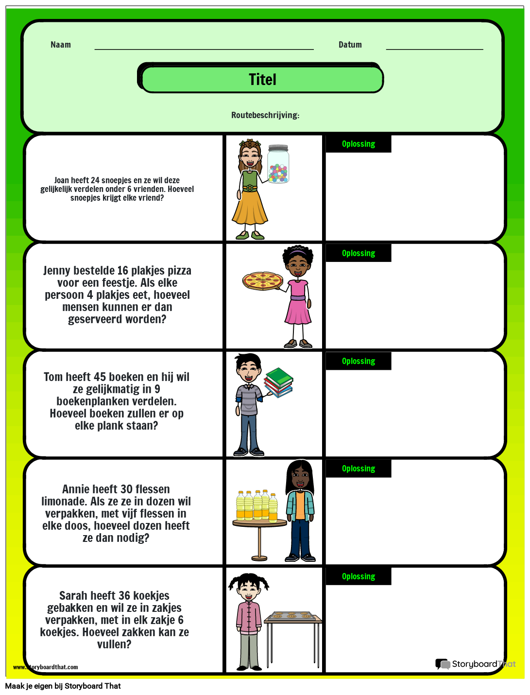 Wiskundige Woordproblemen Over Divisie Storyboard