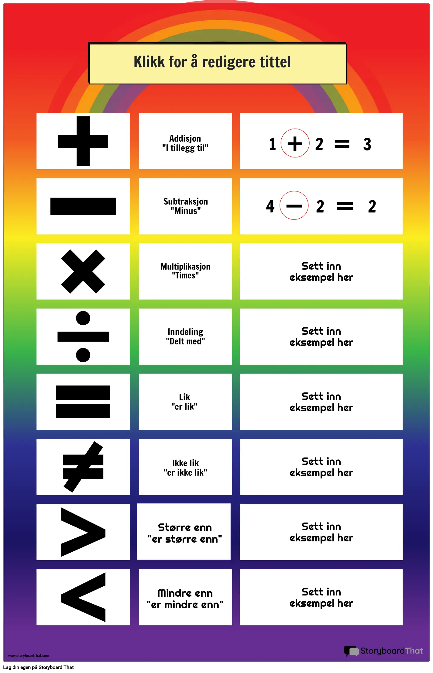 Matematiske symboler med regnbuetema med eksempelplakat