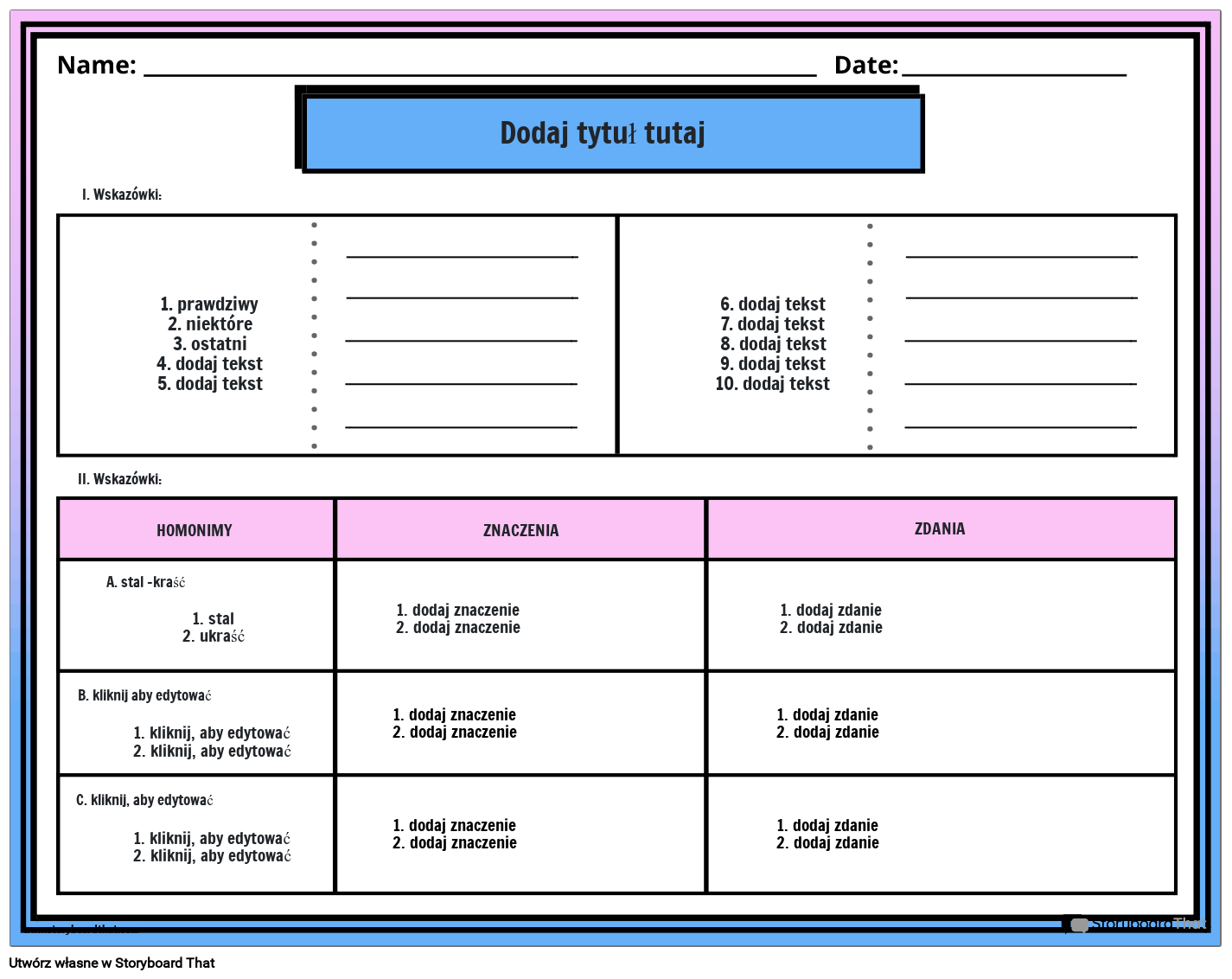 Arkusz Ćwiczeń Homonimów Storyboard af plexamples