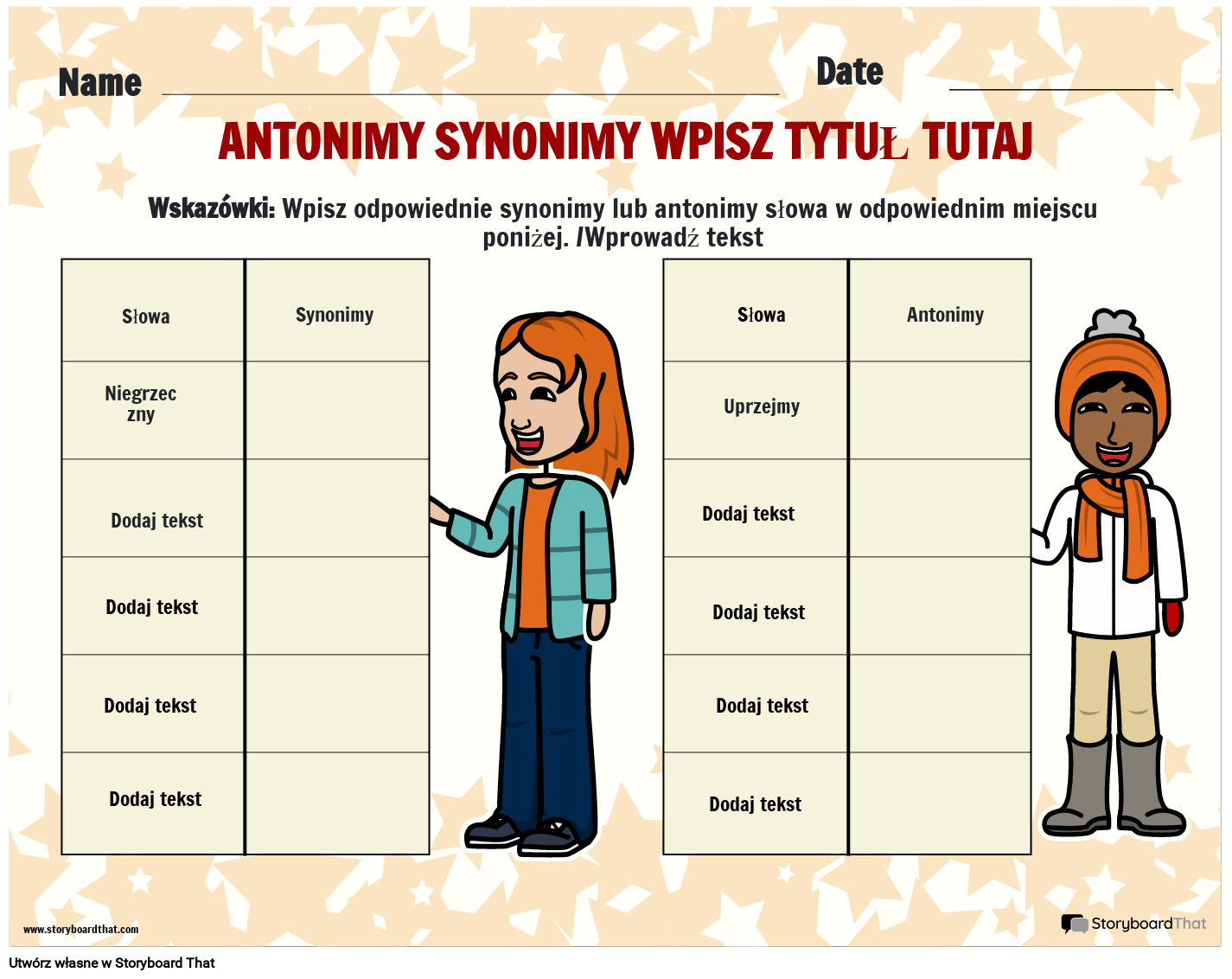 Prosty arkusz antonimów i synonimów Storyboard