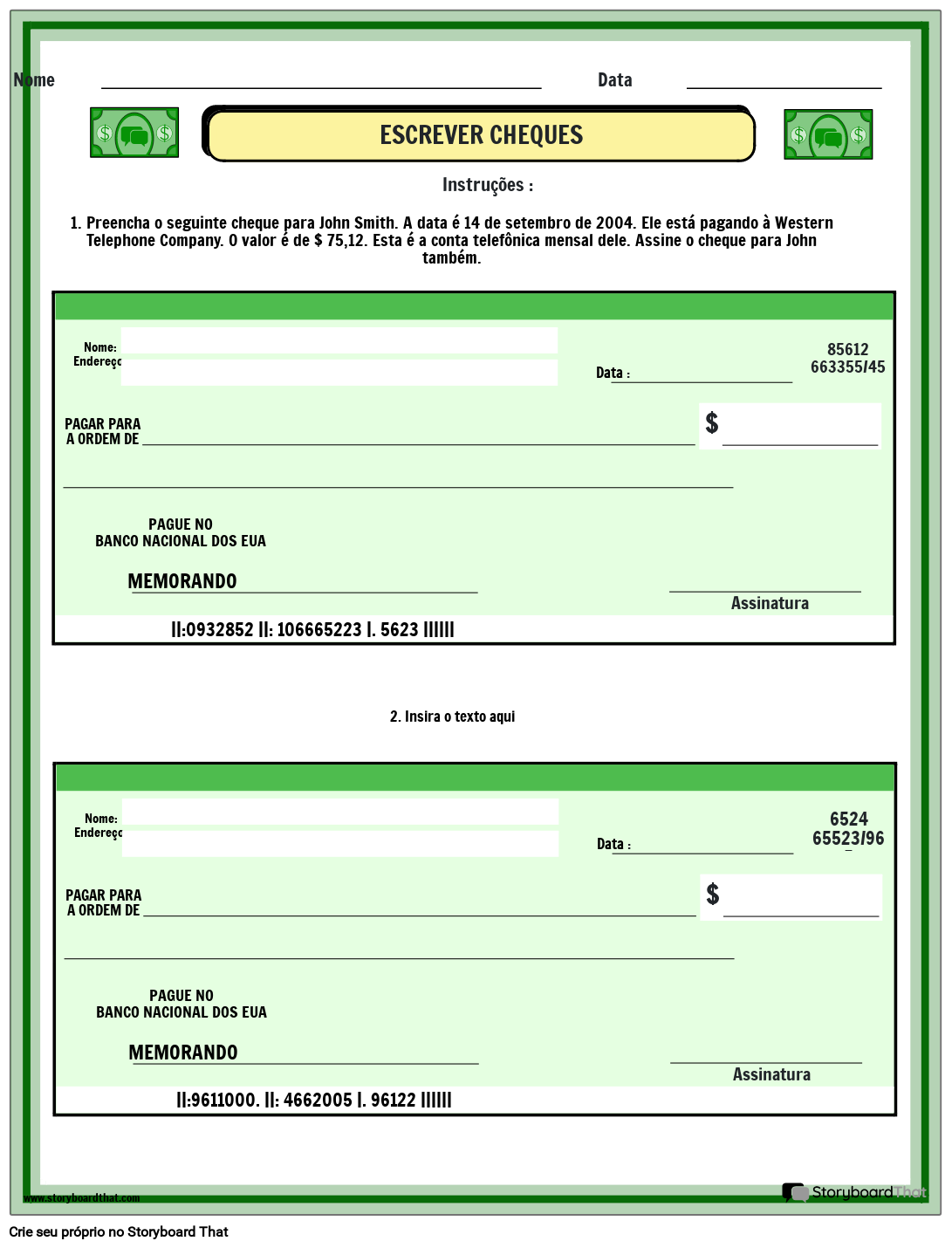 Cheque Data Escrevendo Cheques Storyboard por pt-examples