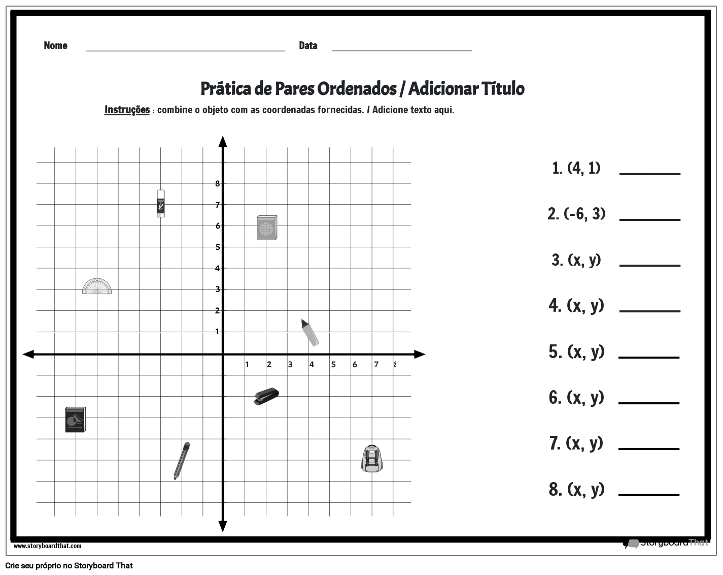 Planilha De Coordenadas Com Objetos De Sala De Aula BW planilha-de-coordenadas-com-objetos-de-sala-de-aula-bw