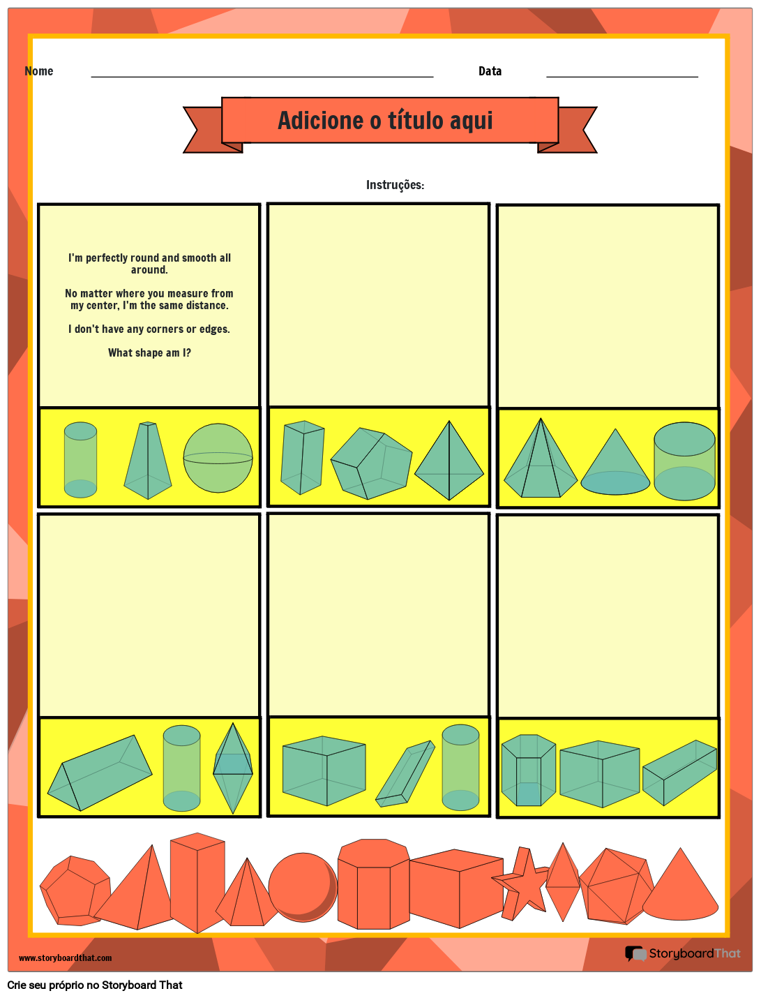 Planilha de Enigmas Matemáticos de Formas 3D Storyboard