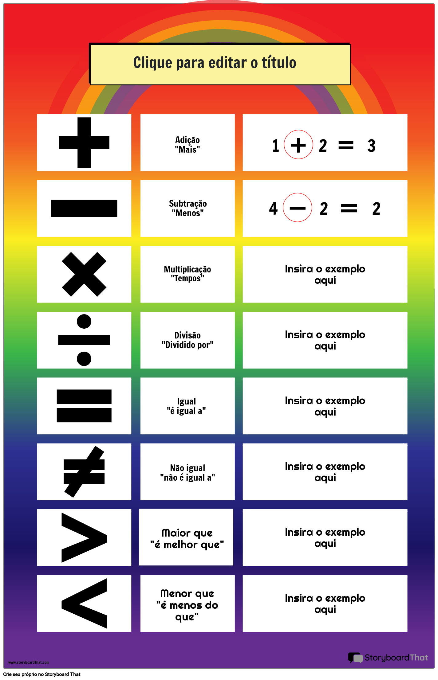 Símbolos matemáticos com tema arco-íris com pôster de exemplo