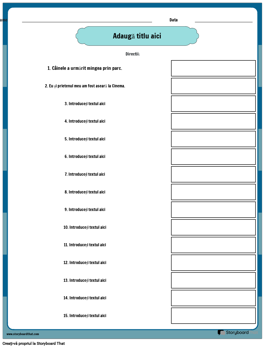 Substantive în Propoziții Fișa de Lucru Storyboard