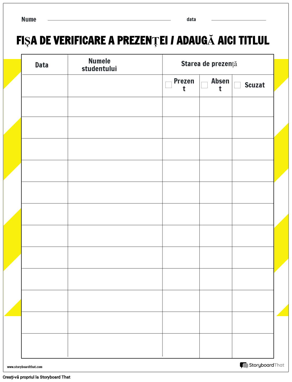 Tabel cu casete de selectare foaie de lucru Storyboard